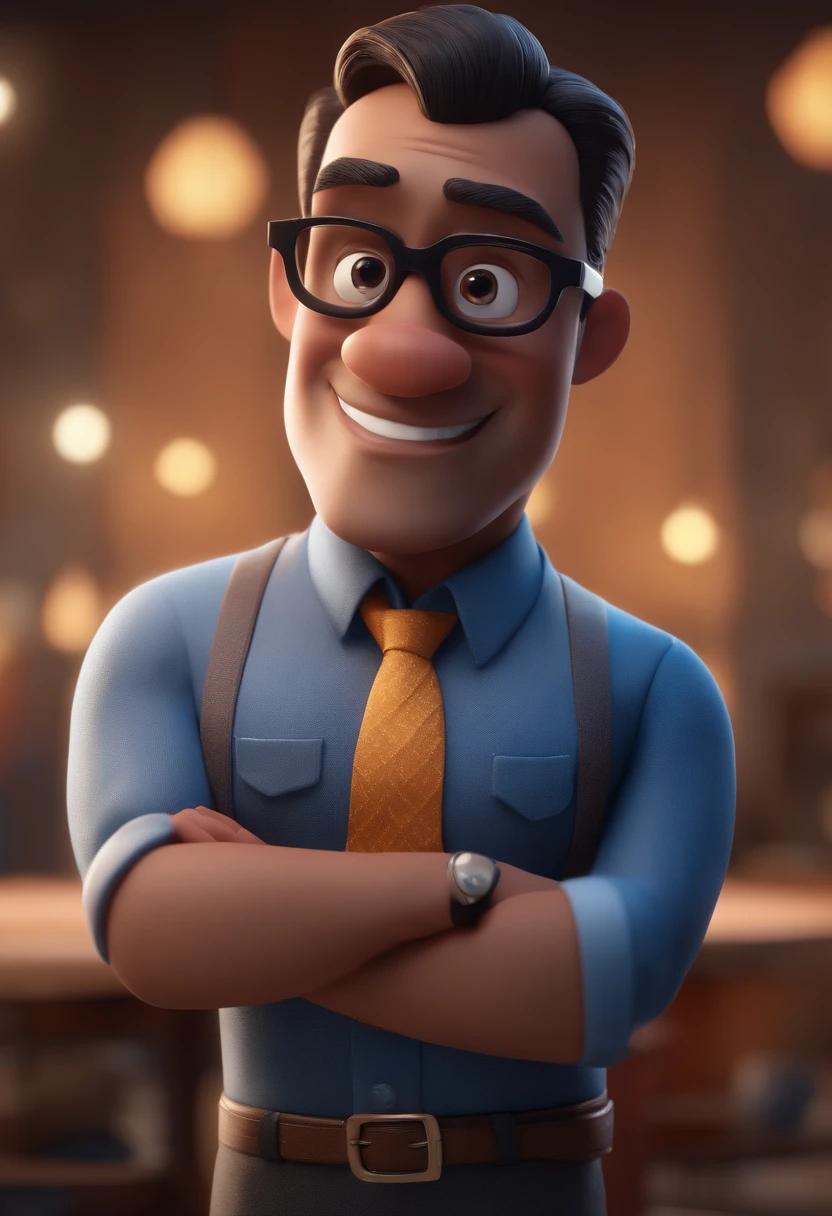 Cartoon character of a man with black glasses and a blue shirt, animation character, Caractere estilizado, animation style rendering, 3D estilizado, Arnold Maya render, 3 d render stylized, toon render keyshot, Personagem 3D, Personagem 3D, 3d rendering stylized, 3 d character render, personagem de desenho animado, Personagem de close up, Pose de personagem,  (Estilo Pixar) (master part:1.2) (Bokeh) (best quality) (pele detalhada) (textura detalhada) (8k) (argila) (Cinematic lighting) (foco nítido