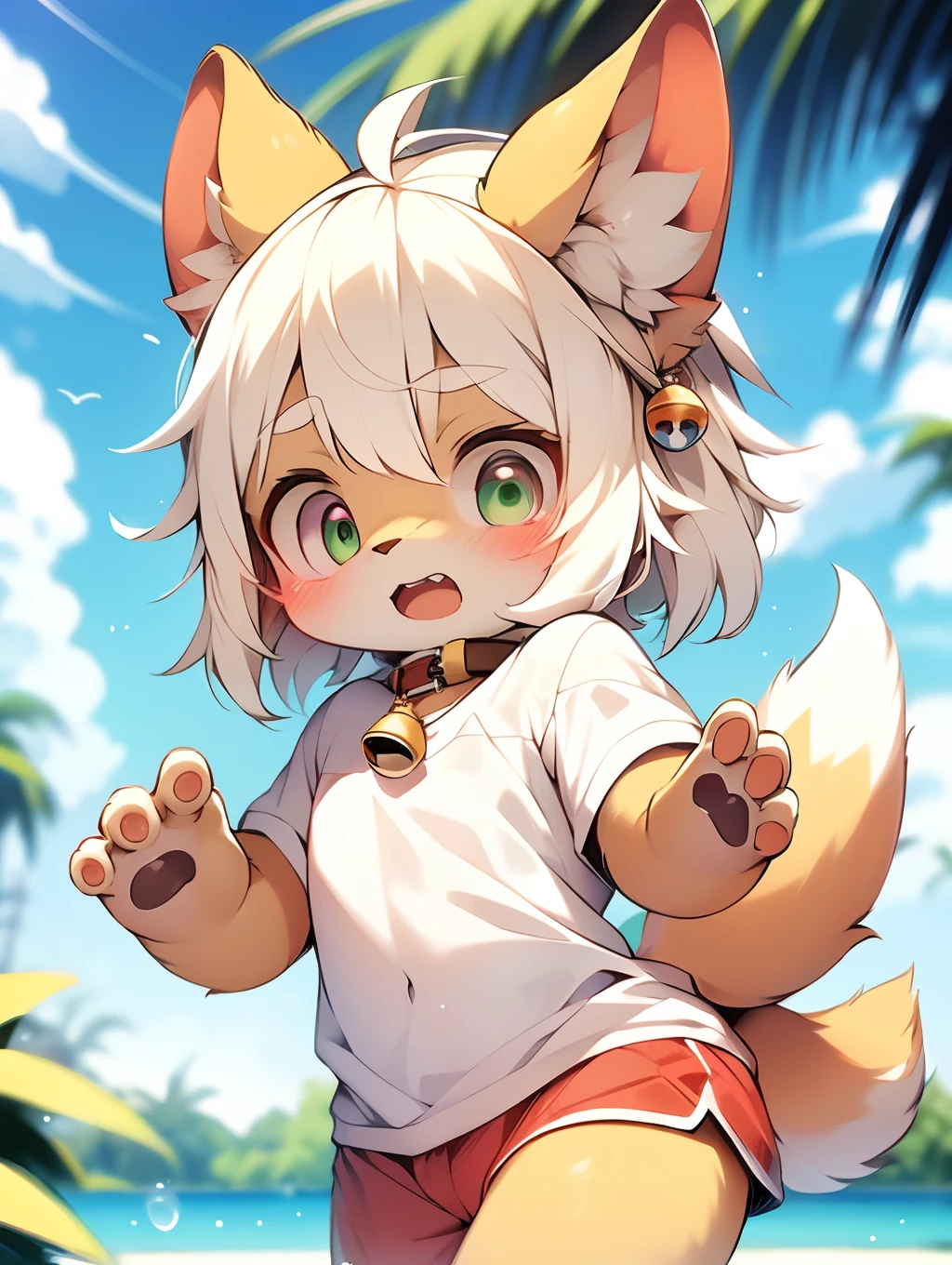 (By Dagasi: 1.1),barechested, masutepiece, High resolution, 8K, Embarrassing,Detailed background, High quality,  ((White fur, White hair, Ears lowered, ear ornament,Green eye, Fluffy, detailed fur)) furr, Break HA, Man's daughter,kawaii, Humanoid, Shorts, swimming trunks,kawaii,Collar with red bell,Background with:the woods