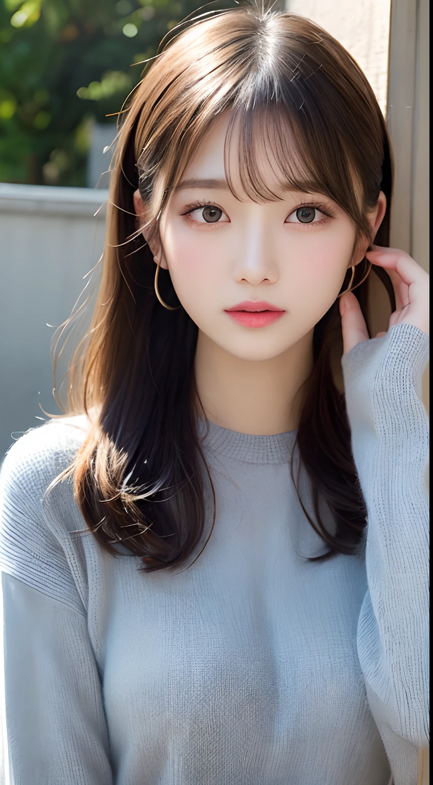 finely detail, hight resolution, hightquality、Perfect dynamic composition, Beautiful detailed eyes, Medium Hair, small 、Natural Color Lip,Kamimei、Shibuya、20 years girl、1 persons、Transparent skin、Glowing hair、masutepiece, Best Quality, Illustration, Ultra-detailed, finely detail, hight resolution, 8K、The correct state of the human body、Randomly cute poses,Ponytail hair,beauty legs,Perfect beautiful face,KPOP Idol Face,Face that feels ecstasy,Pale pale purple knitted dress,Background blur,Randomly dress up as a model for a women's fashion magazine