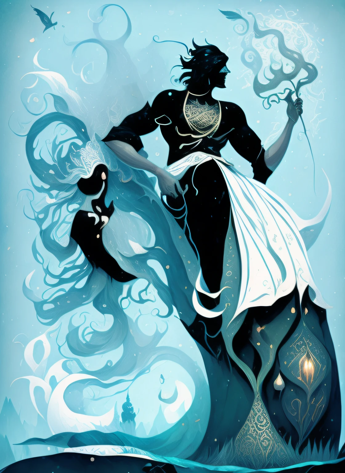 um desenho de um homem e uma mulher em um vestido em um barco, inspirado em Lotte Reiniger, art cover illustration, illustration!, persian folklore illustration, Fanart, beautiful gemini good and evil, stylized digital illustration, cover illustration, persian folktale artstyle, official illustration, Fanart oficial, stylised illustration, Mito grego pintura digital, arte promocional, illustration », digital illustation