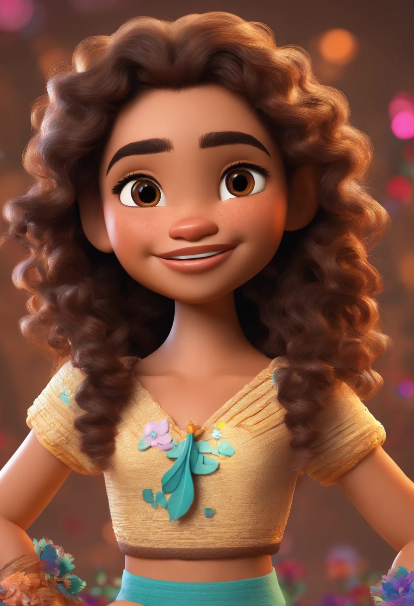 An illustration of a girl with fair skin and curly hair resembling moana with a blouse written juh Coutinho with disney pixel animation