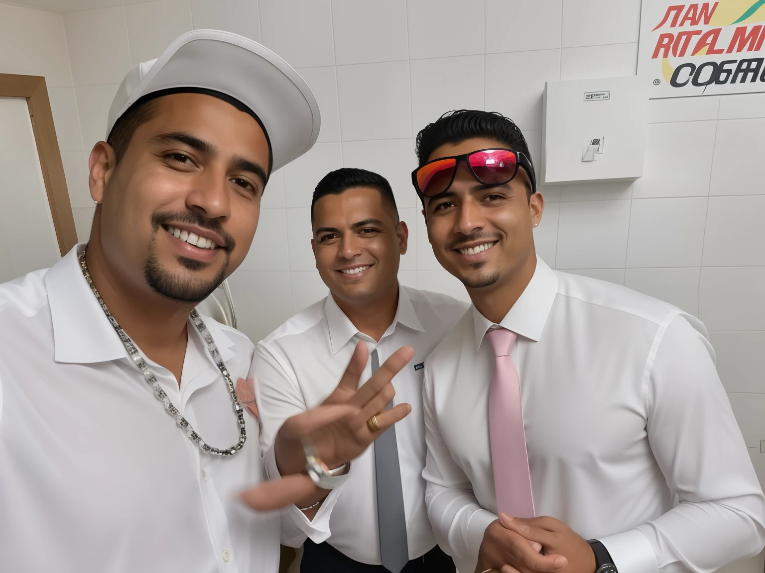 Three men in white shirt and tie posing for a photo, Paulo Pepera Pablo Roldan, Ronaldo Luis Nazario da Lima, seu madruga, noivo, Fotografia tirada em 2 0 2 0, foto do perfil, usando panos brancos, taken in the early 2020s, Rosemary Ressendi, imagem de perfil, José Moncada, Foto realista