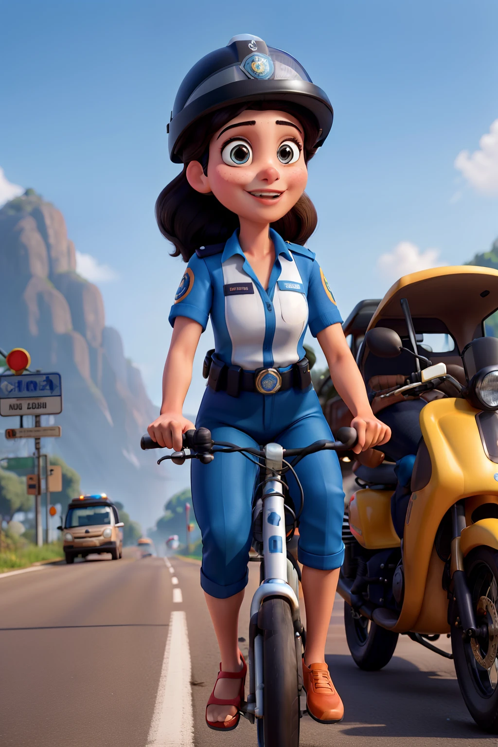 Brunette Woman Traffic Officer India, cabelos cor de rosa, uniforme azul com colete preto em cima de uma bicicleta Disney pixar