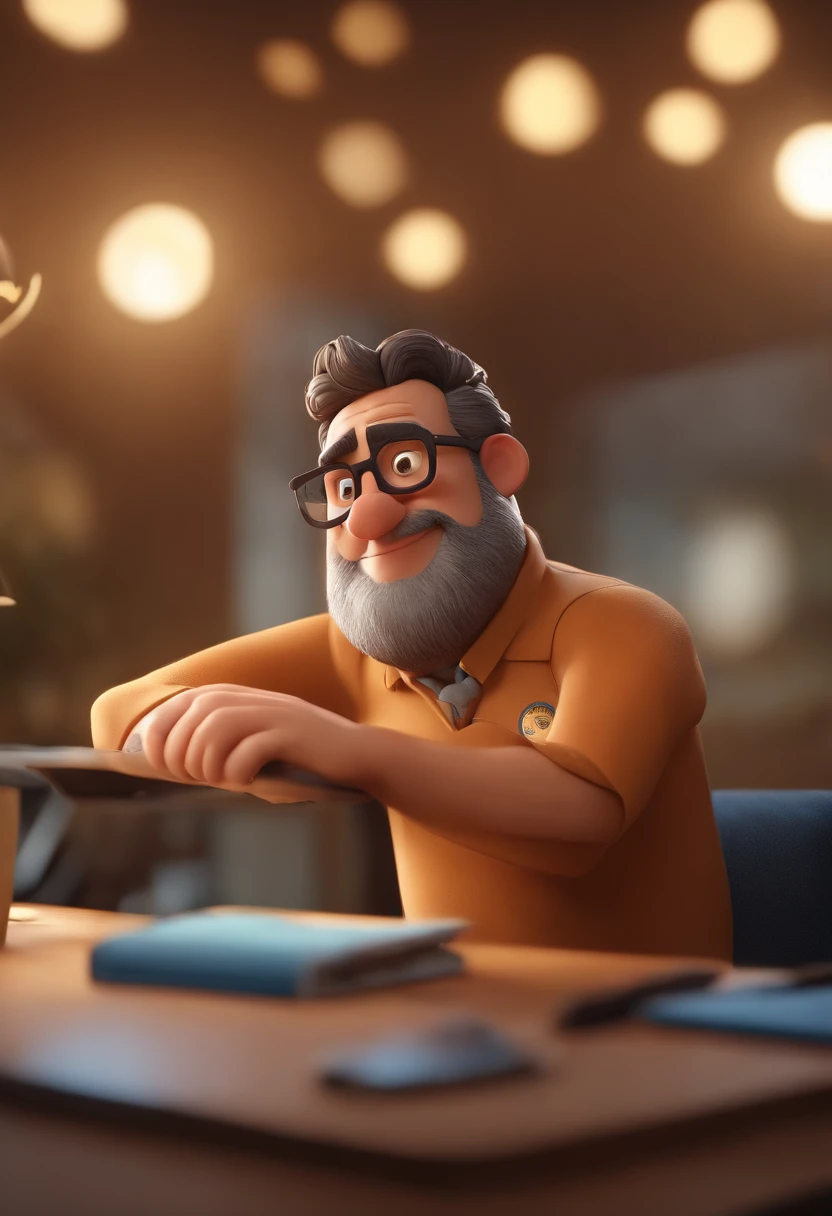Cartoon character of a man wearing black glasses and a blue shirt, um personagem animado, Caractere estilizado, animation style rendering, 3D estilizado, Arnold Maya render, 3 d render stylized, toon render keyshot, Personagem 3D, Personagem 3D, 3d rendering stylized, 3 d character render, personagem de desenho animado, Personagem de close up, Pose de personagem, (Estilo Pixar) (master part:1.2) (Bokeh) (best quality) (pele detalhada) (textura detalhada) (8k) (argila) (Cinematic lighting) (foco nítido，Senta e vaza a parte superior do corpo