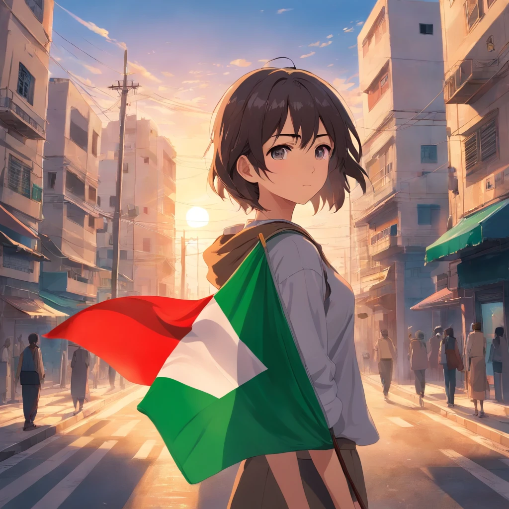 (masterpiece), best quality, expressive eyes, perfect face,A hero holding the Palestinian flag, Bandeira da Palestina, hero, cinemactic, dramatic pose, Guerra em segundo plano, Serious expression, dramatic lighting, lente grande angular,