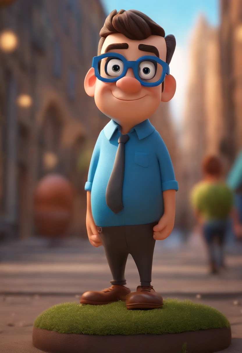 Cartoon character of a man wearing black glasses and a blue shirt, um personagem animado, Caractere estilizado, animation style rendering, 3D estilizado, Arnold Maya render, 3 d render stylized, toon render keyshot, Personagem 3D, Personagem 3D, 3d rendering stylized, 3 d character render, personagem de desenho animado, Personagem de close up, Pose de personagem, (Estilo Pixar) (master part:1.2) (Bokeh) (best quality) (pele detalhada) (textura detalhada) (8k) (argila) (Cinematic lighting) (foco nítido，Senta e vaza a parte superior do corpo
