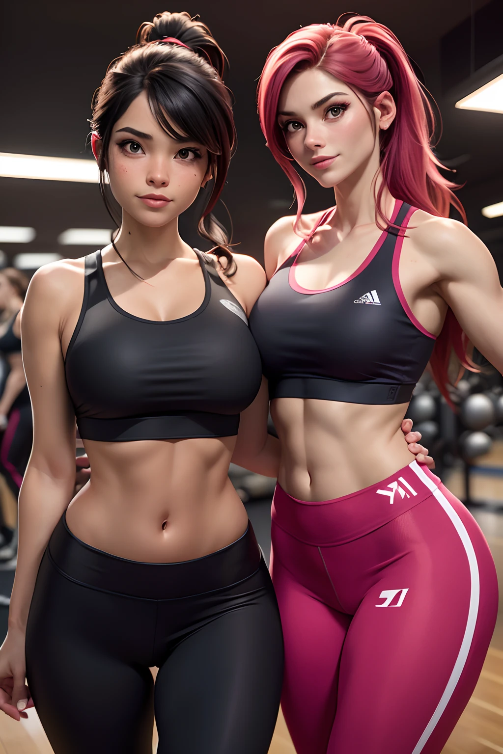 A imagem mostra uma mulher, Consisting of a black sports bra and red leggings. The two women are together in a room, possibly a gym or a studio, And she's posing for the camera. fazendo agachamento, The clothes are designed to be comfortable and functional for physical activities, como correr ou malhar. Women's clothing shows your commitment to fitness and your shared interest in sports or exercise.