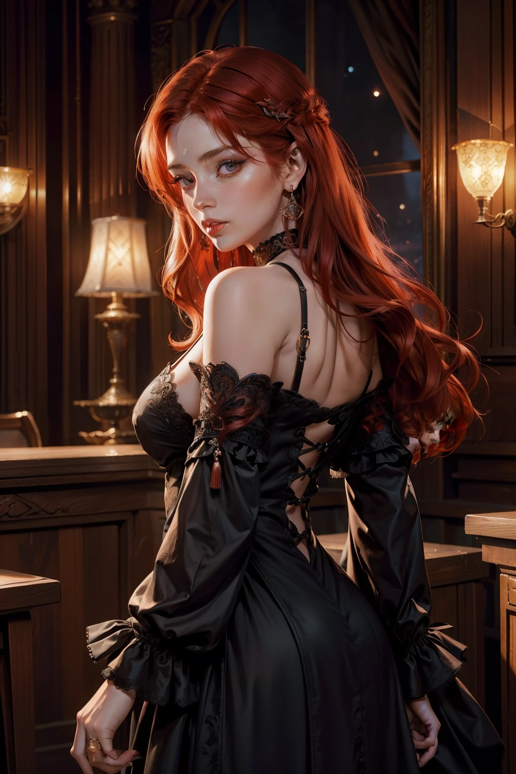 Photo of a woman with red hair and a death grip in a black dress, John Collier's Art Style, Virgo with copper hair, Style by Karol Buck, Young Redhead, portrait of a young witch, No Bowwater Art Style, Stage Director: Roberto Lankiewicz, Geraldo Brohm, Alberto Lynch, portrait of princess merida, Dave Sim, Red-haired girl in a dark palace, Black and purple velvet dress in a kokoshnitsa, Luxury Gypsy Clothing, Head Decoration, lace choker, tmasterpiece, topquality, (Odin), (a perfect face: 1.3), (higly detailed: 1.2), dramatic, 1girl, Angel, (Pale-skinned), Long red hair, dark red hair, (Huge-breasts), light eyebrows,,,,, hairlong, the night, Purple and Black Medieval Gypsy Clothing, a lot of jewelry, Head decorations, brown eye, The navel is covered, pouty lips, Curvilinear, (Hands Behind Your Back: 1.4), Covered, Detailed background of the palace, Arte de Artgerm e Greg Rutkowski, 电影灯光, , moda, balenciaga, Alexander McQueen, glistering, Copper-red hair, Copper-red hair, redhead hair, redhead woman, Beautiful red hair, Redhead, Pale-skinned, Bottle of Fat, large lips, juicy lips beautiful lips, pretty eyes, Chubby Buchachas, round face, Chubby young woman, Chubby Teen, chub, fat, Woman with chubby body, Chubby woman, Black Dress, Gloomy dress