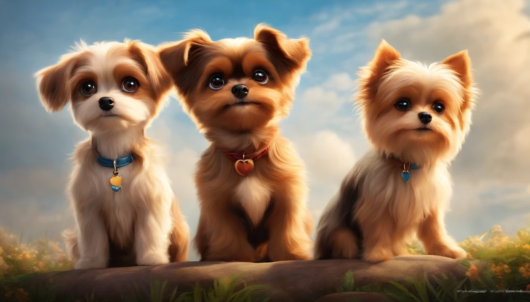 Create a Disney Pixar Animation-style movie poster of three dogs: One of the Yorkshire breed, one of the Maltese breed and one of the Chiahuahua long-haired breed