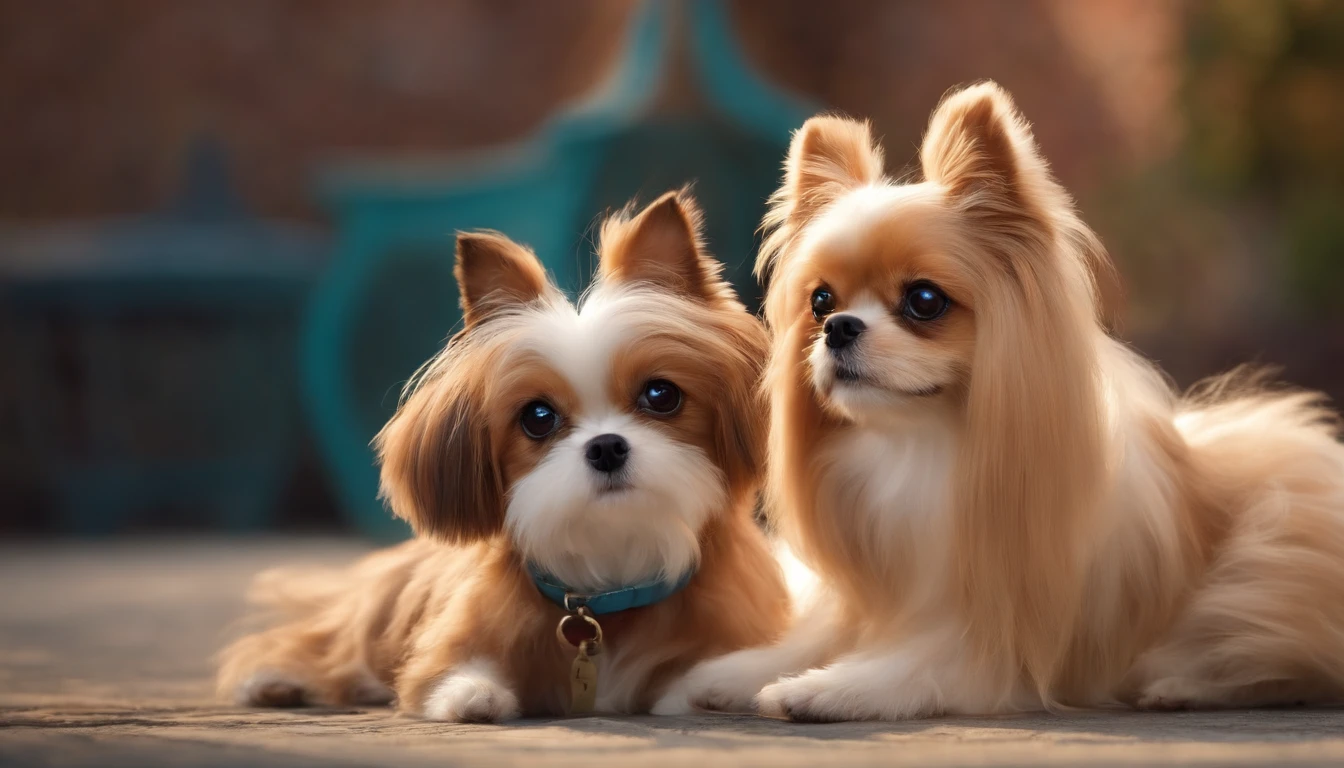 Create a Disney Pixar Animation-style movie poster of three dogs: One of the Yorkshire breed, one of the Maltese breed and one of the Chiahuahua long-haired breed