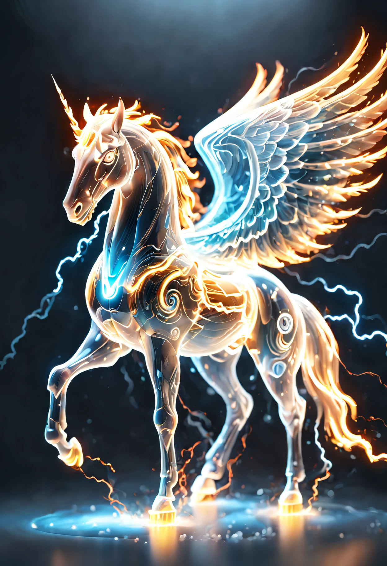(Masterpiece, High quality, Best quality, offcial art, Beauty and aesthetics:1.2),(theelementoffire:1.1),Composed of fire elements,Burning,extreme detailed details,Ultra photo realsisim, Web fantasy and psychedelic art style, (Digital logic male Pegasus),Pegasus, Guardians of cyberspace,(Ultra-detailed  body),see-through body，Filled with high-tech mechanical components, Wings cut through the sea of digital clouds, robot,Composed of the element of thunder，Thunder，Electricity