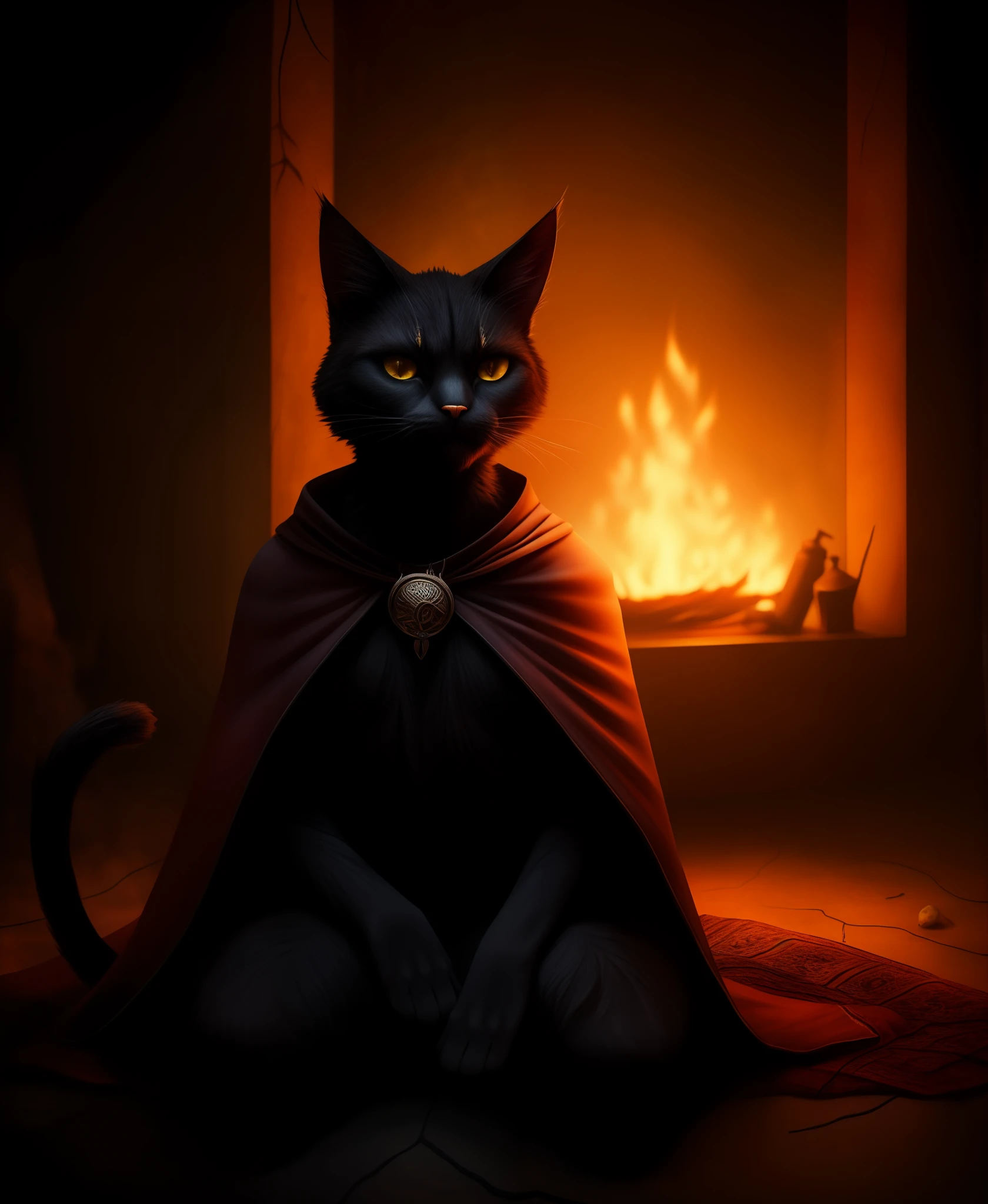 (Anthro cat shaman), black fur, pointed cat ears, old cotton cape, voodoo, cat voodoo, evil, dark, light from fire, no fire in the frame, evil, depressing atmosphere, high quality, 8k, ultra realism, photographic design, realism
