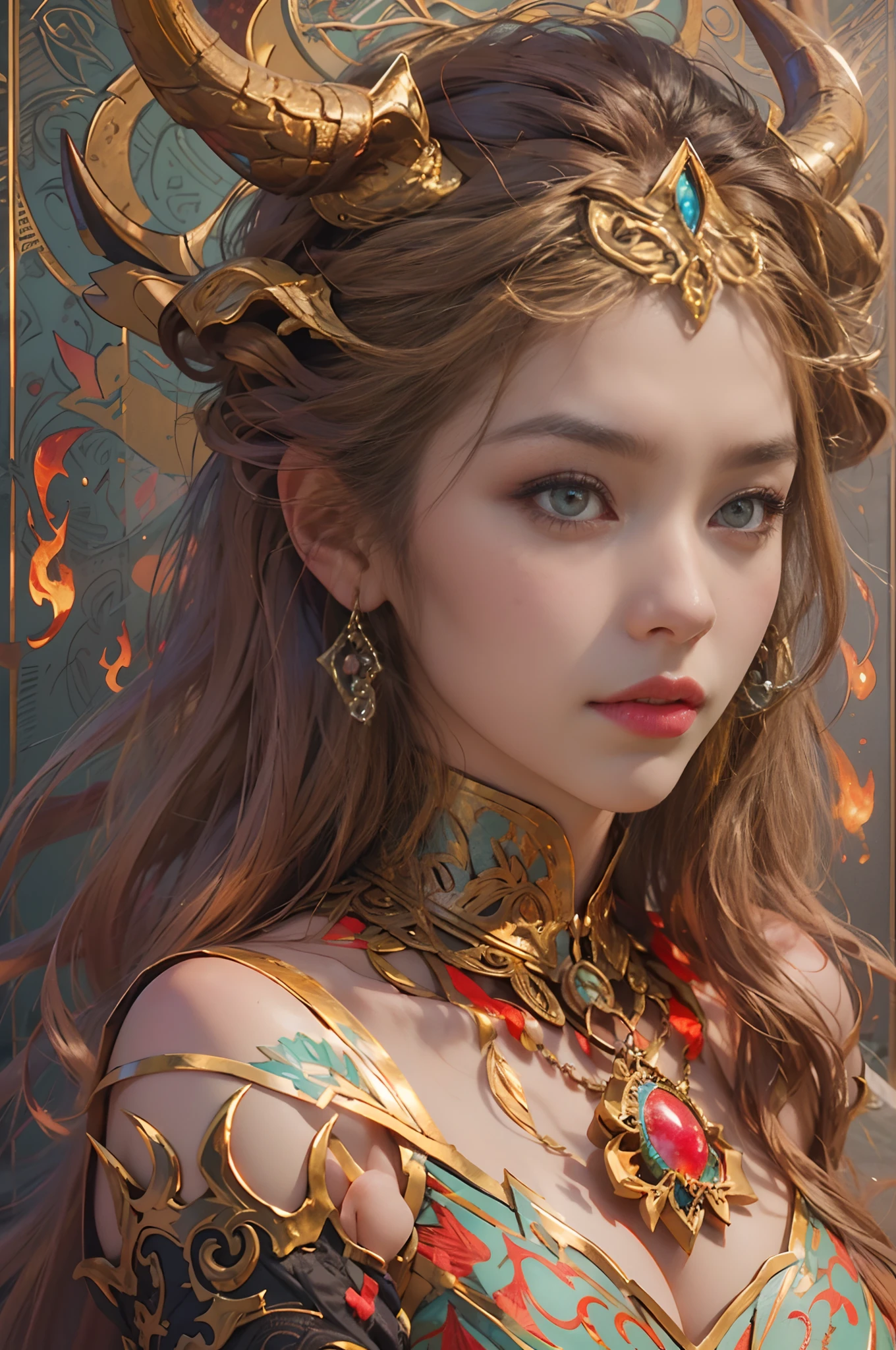 （tmasterpiece，top Quority，best qualtiy，offcial art，Beautiful and aesthetic：1.2），A scene depicting a female god of war fighting a red burning demon with huge horns in the middle of hell，She is a great giant，She is a lovely princess，She is a strong fighter，Flame，lightning in sky，magma，At the foot of the mountain，Mountains in the distance，(theelementoffire:1.4)，Realistic flames，Highly realistic，Correct anatomy，fully body photo，Bulge，Cute big breasts，revealing breasts，legs separated，plumw，Desire for dissatisfaction，Bare genitalia， Camel toes，Sexy gesture，climaxing，Sexual huge breasts cleavage， Barefoot，Sexy gesture，Fist to flesh，（zentangle，datura，Tangles，entangled）（Long hair and long meat，Bare ，），Married Woman，熟妇，s delicate face，beatiful detailed eyes，Correct anatomy，Detailed face, Detailed eyes，holy rays，gold foil，Gold leaf art，Deep background，absurderes，Fantastic and incredible，Epic composition，(Complicated details，Hyper-detailing:1.2)，Ultra photo realsisim, epic realistic,  ((com cores neutras)),(pastel colour:1.2), Hyper-realistic, + cinema shot + Dynamic composition, Incredibly detailed, Sharpen, Cinematic, warm lights, Light effect, Dramaticlight, (Intricate details:1.1), the complex background, (greg rutkovsky:0.8),  (Black and red:0.4），