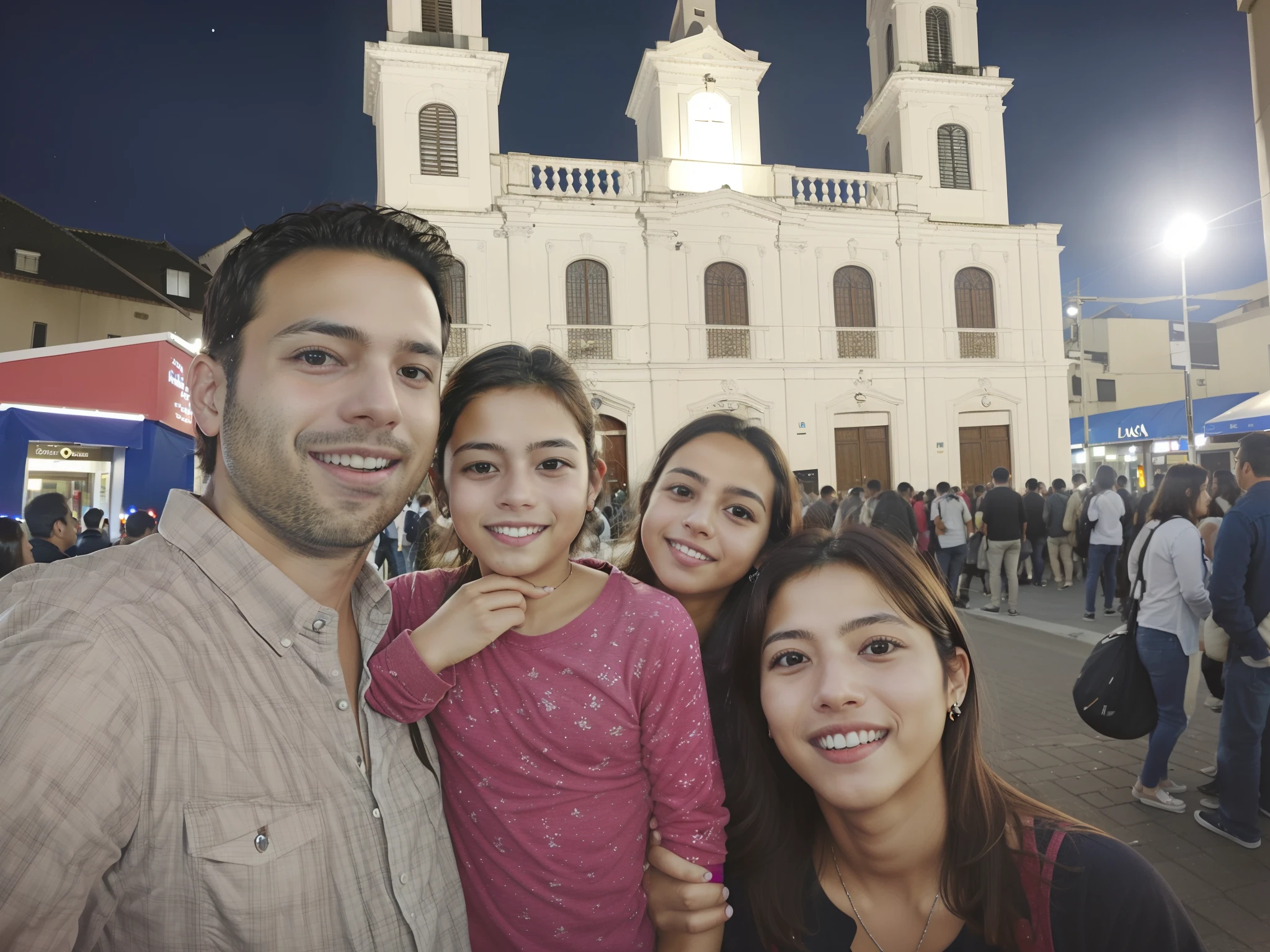 There are people in front of a church at night, Happy family, Directed by: Luis Molinari, Directed by: Nandor Soldier, Directed by: Giorgio Cavallon, in a city square, Foto realista, imagem de qualidade muito baixa, imagem de perfil, In Sao Paulo, Directed by: Luis Miranda, Directed by: Matteo Pérez, foto de baixa qualidade, Family photo