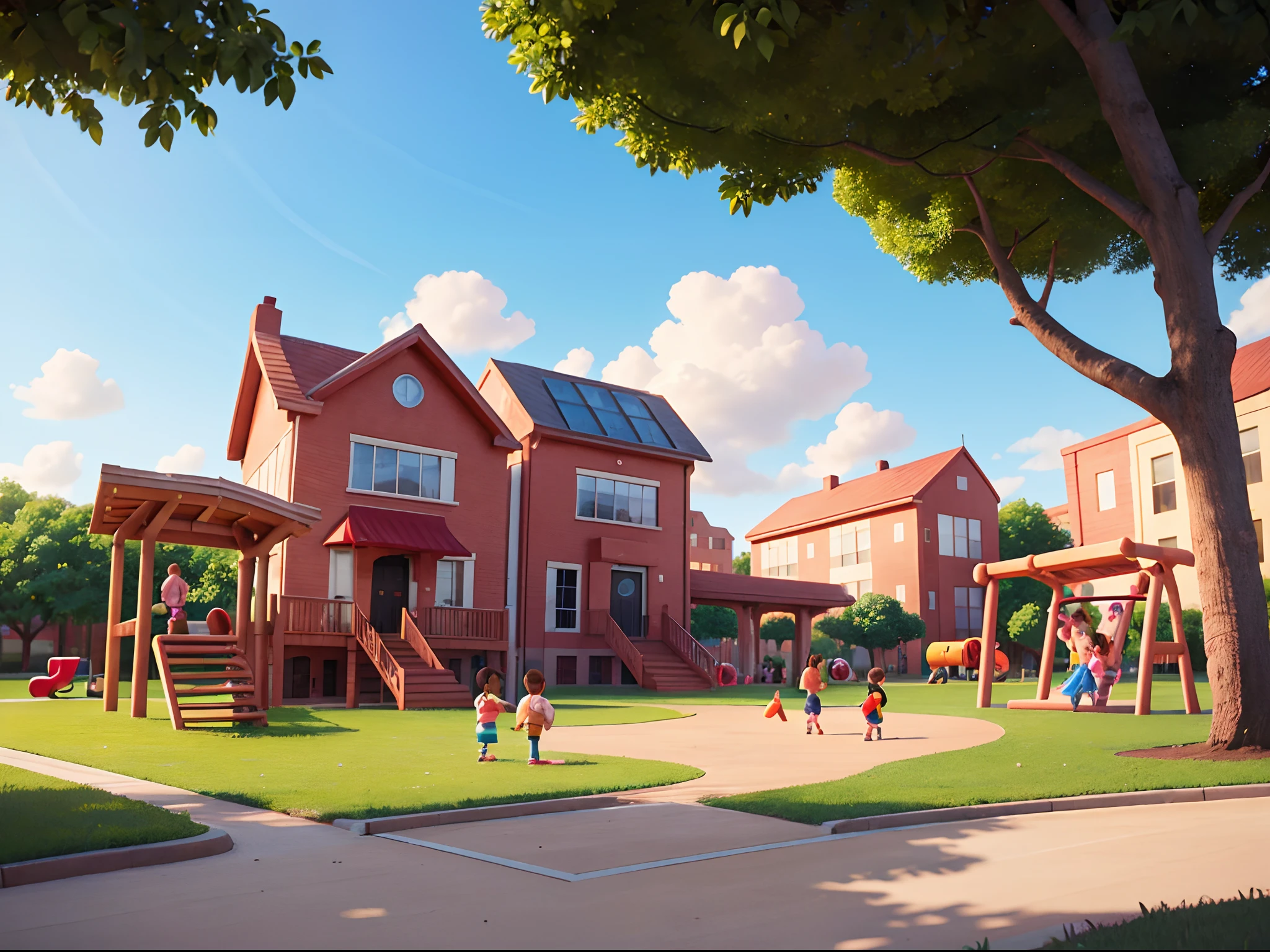 playground at a school park, kids at play, pixar style, wide shot