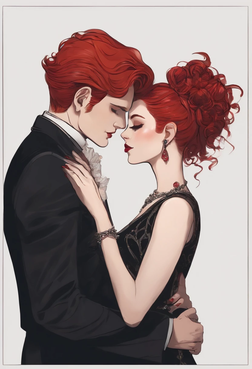 uma garota parda de 1,54 cm short red hair with frieze and pincergs in both ears and gothic style rou pa hugging with a man of 1,75 cm branco e cabelo preto com roupa social