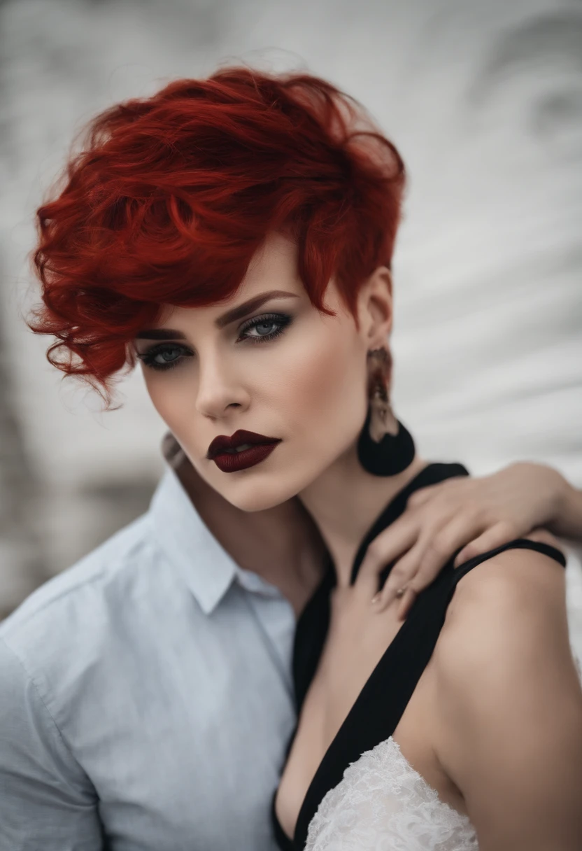 uma garota parda de 1,54 cm short red hair with frieze and pincergs in both ears and gothic style rou pa hugging with a man of 1,75 cm branco e cabelo preto com roupa social
