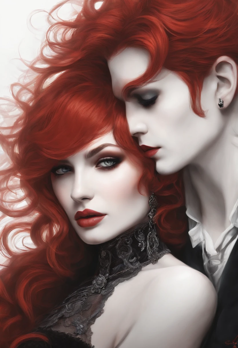 uma garota parda de 1,54 cm short red hair with frieze and pincergs in both ears and gothic style rou pa hugging with a man of 1,75 cm branco e cabelo preto com roupa social