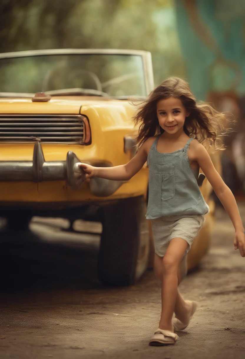 Describe the figure of a child with straight brown hair, com nariz pequeno com metade do corpo humano e metade mutante, Jumping for joy in an old bumper car in a deserted amusement park after the apocalypse. How she adapts to her mutant traits while having fun and interacting with other hybrid beings? O texto do titulo ao estilo Pixar escrito "Charlotte Camiloto Moitoso"