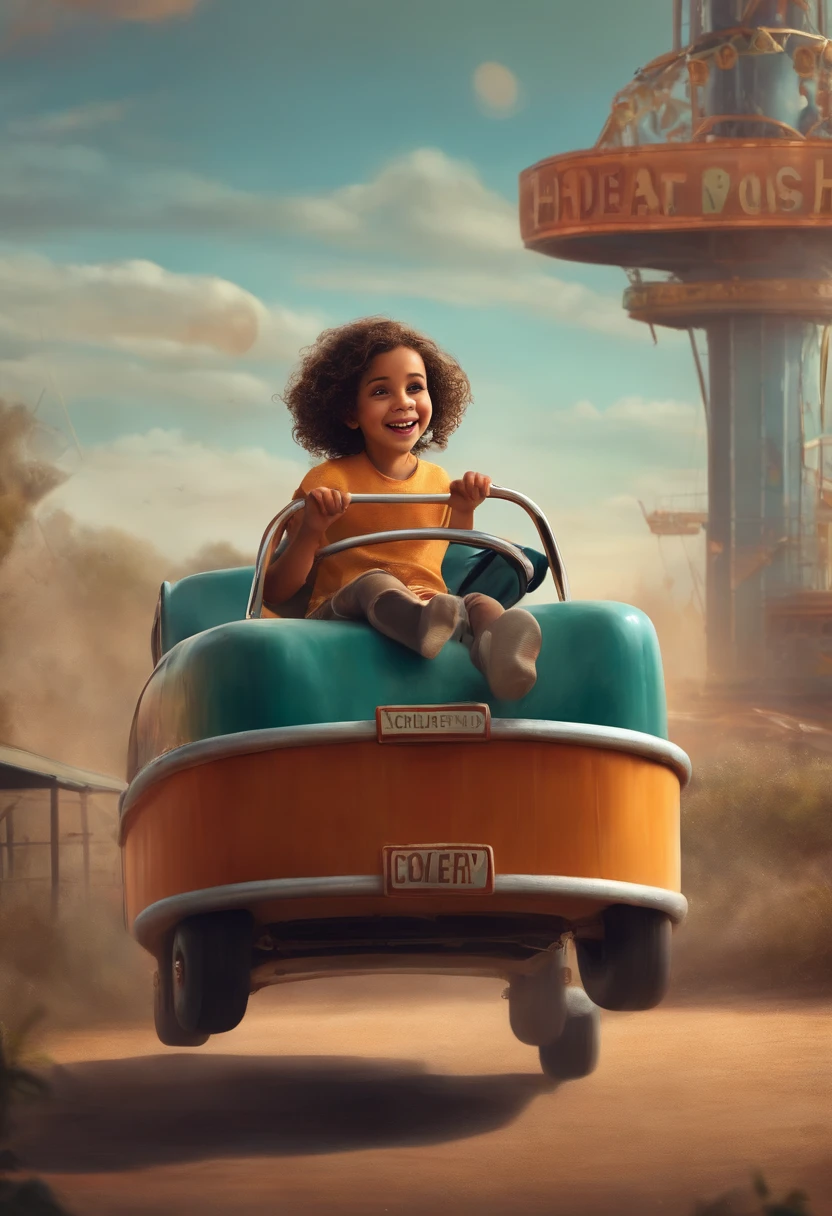 Describe the figure of a child with straight brown hair, com nariz pequeno com metade do corpo humano e metade mutante, Jumping for joy in an old bumper car in a deserted amusement park after the apocalypse. How she adapts to her mutant traits while having fun and interacting with other hybrid beings? O texto do titulo ao estilo Pixar escrito "Charlotte Camiloto Moitoso"