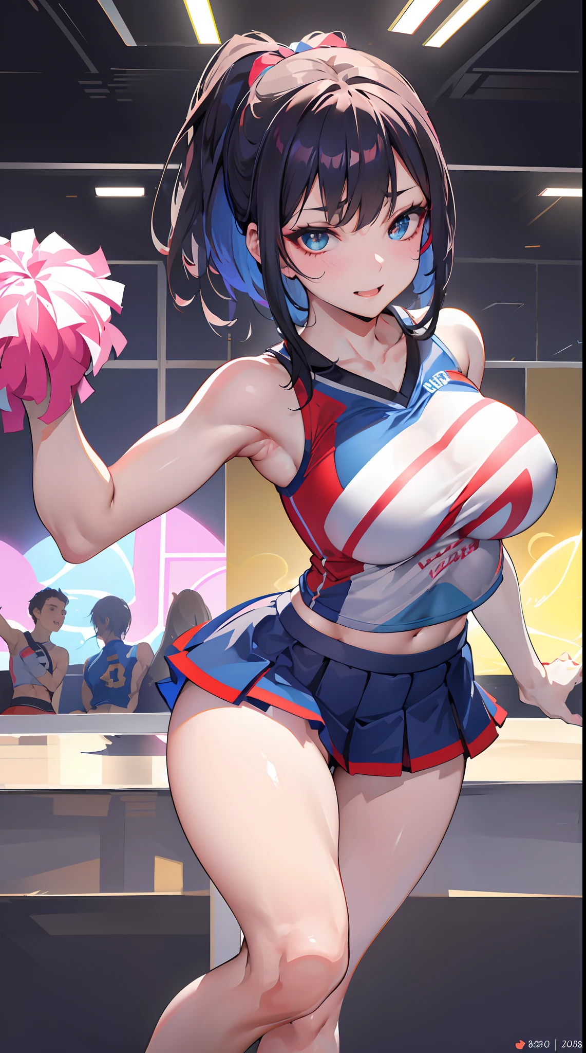 A sexy cheerleader with a big butt and visible panties, looking provocatively. (best quality,4k,8k,highres,masterpiece:1.2),ultra-detailed,(realistic,photorealistic,photo-realistic:1.37), HDR, UHD, studio lighting, extreme detail description, physically-based rendering, professional, vivid colors, bokeh, portraits, sexy, seductive, attractive, confident, fit, athletic, short skirt, cheerleading uniform, revealing, flirty look, captivating gaze, tease, alluring, suggestive pose, toned body, shapely legs, gorgeous face, confident smile, vibrant atmosphere, vibrant colors.