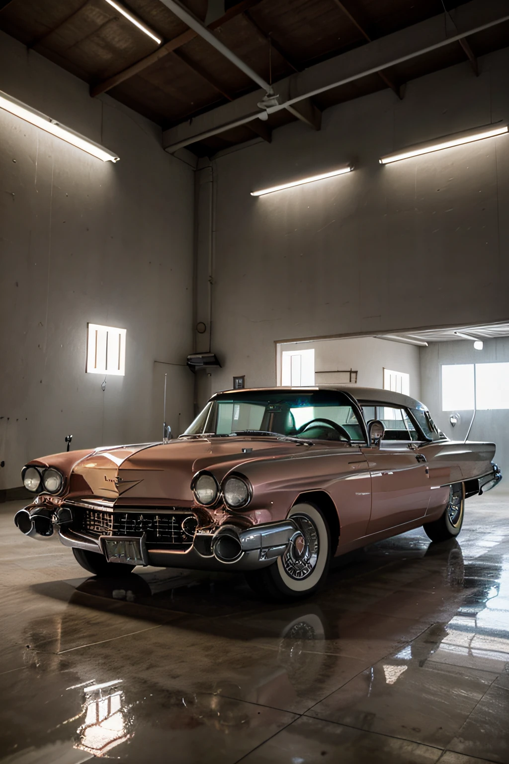 1959 Cadillac Eldorado Biarritz cor de metal polido, estilo cyberpunk, roda grossa, roda dourada, neon na grade dianteira, pintura reflexiva que reflete tudo ao seu redor, rodas douradas de liga leve, Ultra-realistic as realistic as possible, melhor qualidade, RAW, obra-prima, foto super fina, melhor qualidade, super high res, fotorrealista, luz solar, enquadrando o carro inteiro na foto, incrivelmente bonito,, dinamic pose