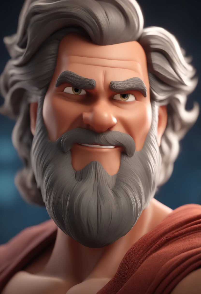 zeus, cabelo grande, com um barba rala, animation character, Caractere estilizado, animation style rendering, 3D estilizado, Arnold Maya render, 3 d render stylized, toon render keyshot, Personagem 3D, Personagem 3D, 3d rendering stylized, 3 d character render, personagem de desenho animado, Personagem de close up, Pose de personagem,  (Estilo Pixar) (master part:1.2) (Bokeh) (best quality) (pele detalhada) (textura detalhada) (8k) (argila) (Cinematic lighting) (foco nítido