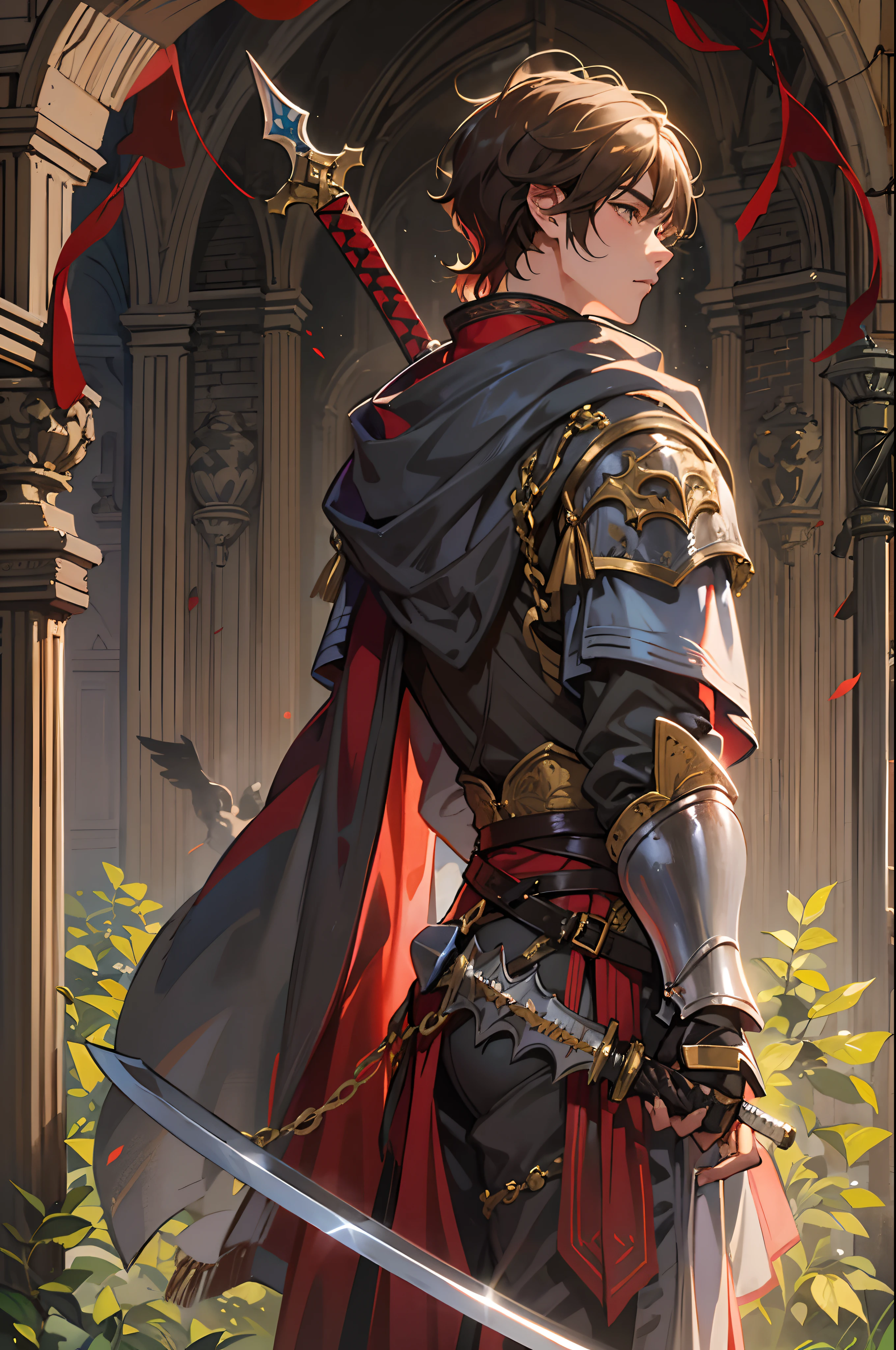A 17-year-old teenage boy, a boy swordsman, wears a sword, height 1.7m, weight 70kg, light skin tone, without a beard, without a goatee, no facial hair, no body hair, brown hair color, straight hair, pointed ears, medieval knight's silver armor, red clothes