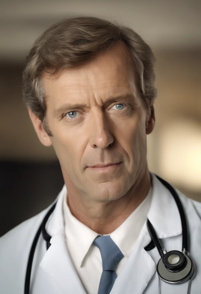 high resolution, Realistic image of a doctor, de jaleco cor branco, Charismatic, de cabelos solto e branco, de corpo inteiro, looking at the camera, fundo de clinica de hospital. Picture from dr series. House , O Doutor, Hugh Laurie
INFO