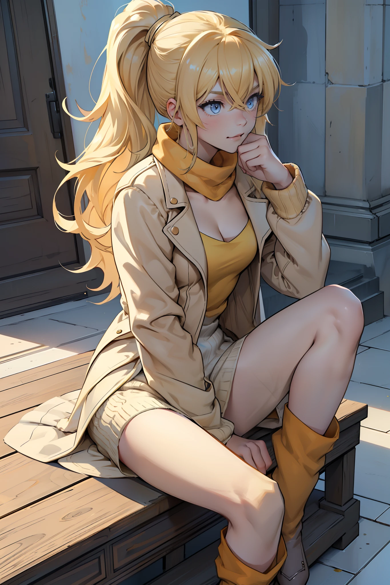 Yang Xiao Long ((masterpiece)), ((best quality)), (blond hair), (long hair), (high ponytail), (light blue eyes), 30 years old, (1girl), ((very small breasts)), (beige dufflecoat), (white dress, knit dress), (no pants, bare thigh), black boots, laugh, upper body, sitting on floor