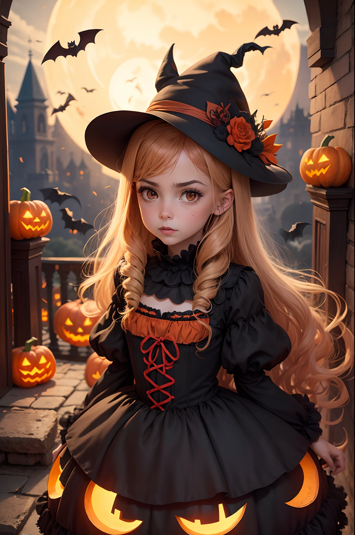 Cartel de Halloween, calabaza, Bats, ramas gigantes marchitas, Luna Roja, Trazado de rayos, Cofres apilados, castillo