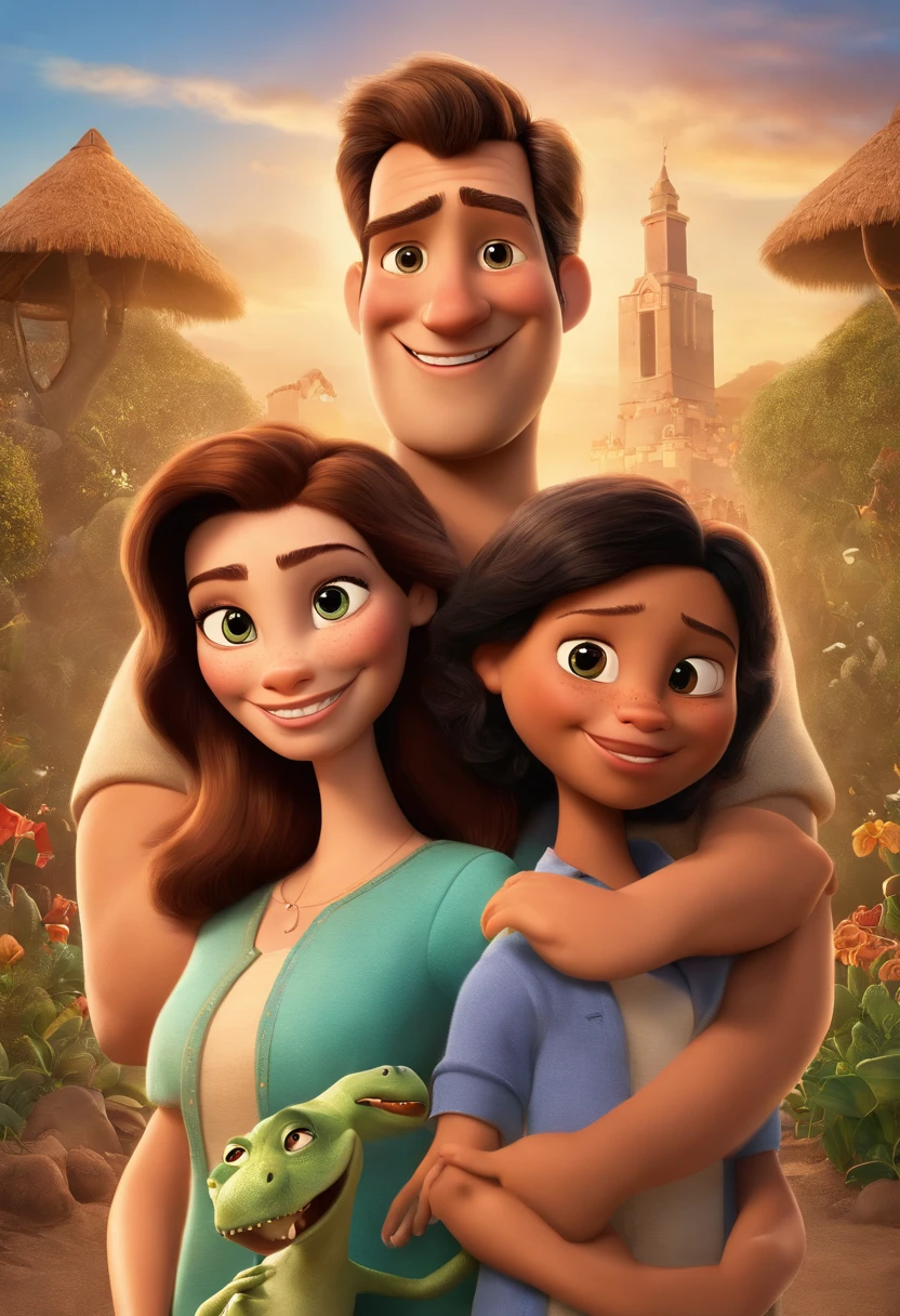 a Disney Pixar movie poster showing a white-skinned family. The father is the tallest, cabelos curtos e pretos, um pouco grisalhos. The mother has black eyes and black hair, na altura dos ombros. O menino tem 2 anos e cabelos loiros, usa camiseta do dino azul e segura o mascote do menino gato(tj masks). The background is a beach garden. 3D-rendering