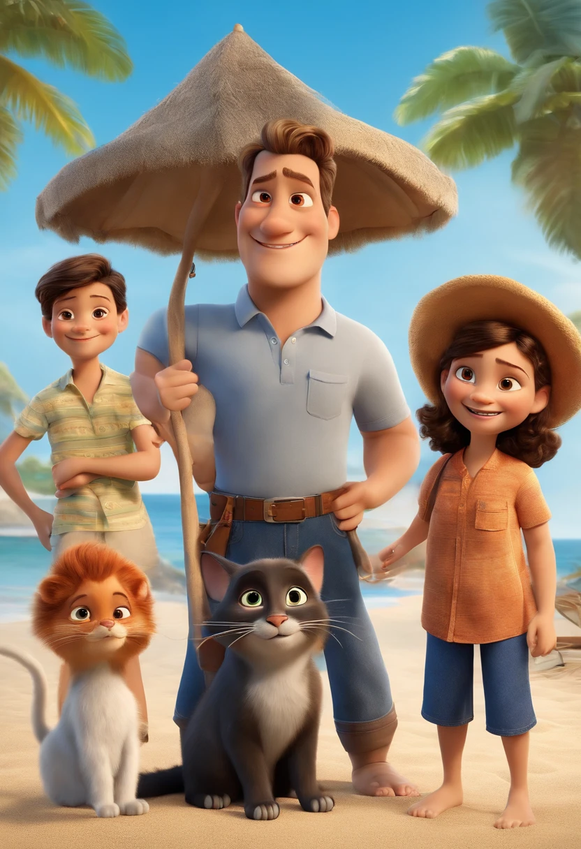 a Disney Pixar movie poster showing a white-skinned family. The father is the tallest, cabelos curtos e pretos, um pouco grisalhos. The mother has black eyes and black hair, na altura dos ombros. O tem 2 anos e cabelos loiros, usa camiseta do dino azul e segura o mascote do meninotj masks). The background is a beach garden. 3D-rendering