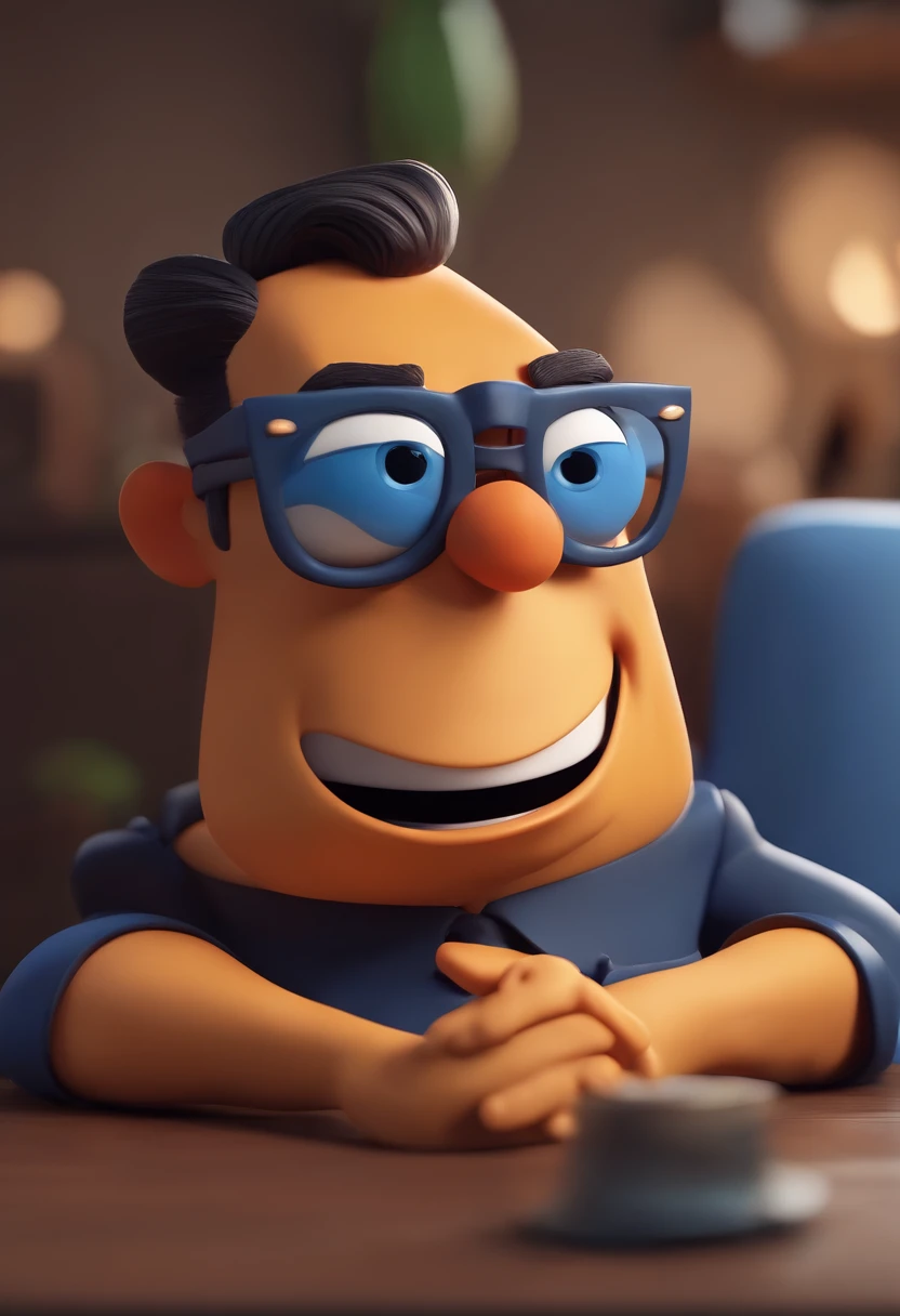 Cartoon character of a man wearing black glasses and a blue shirt, um personagem animado, Caractere estilizado, animation style rendering, 3D estilizado, Arnold Maya render, 3 d render stylized, toon render keyshot, Personagem 3D, Personagem 3D, 3d rendering stylized, 3 d character render, personagem de desenho animado, Personagem de close up, Pose de personagem, (Estilo Pixar) (master part:1.2) (Bokeh) (best quality) (pele detalhada) (textura detalhada) (8k) (argila) (Cinematic lighting) (foco nítido，Senta e vaza a parte superior do corpo