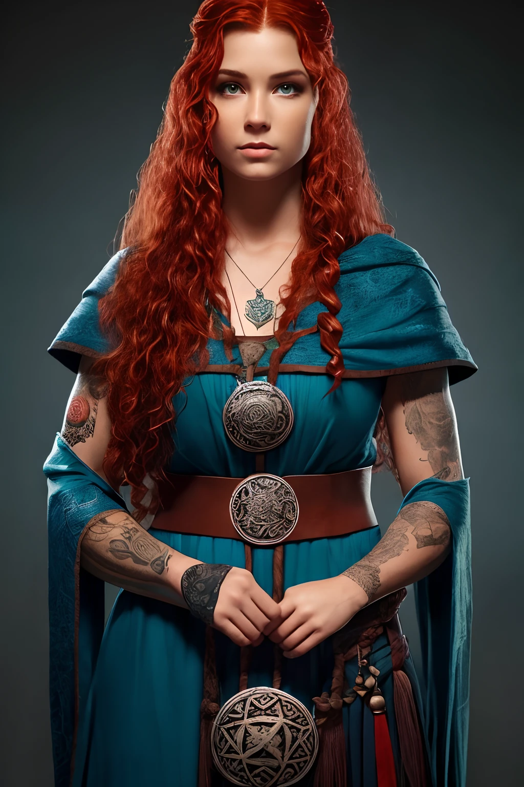 qualidade absurda. natural  lightting. hiper-realismo. Fantastic illustration. Redhead girl with long curly hair and rose tattoos on shoulders and forearms, vestindo armadura de couro viking, escudo redondo e machado, pentagram pendant on neck. Ela tem um olho de cada cor: Verde o direito, azul o esquerdo. estilo bruxa, heathen, Viking, a bordo de um drakkar que cruza um rio envolto em brumas. Estilo medieval, ex-Scotland, Avalon, Fifth-century.