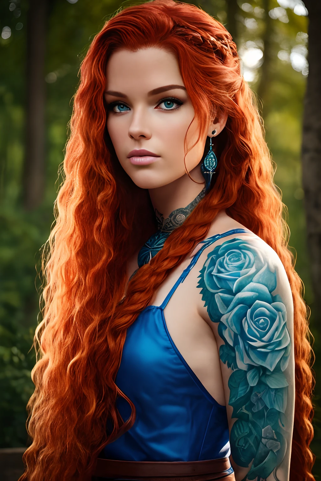 qualidade absurda. natural  lightting. hiper-realismo. Fantastic illustration. Redhead girl with long curly hair and rose tattoos on shoulders and forearms, vestindo armadura de couro viking, escudo redondo e machado, pentagram pendant on neck. Ela tem um olho de cada cor: Verde o direito, azul o esquerdo. estilo bruxa, heathen, Viking, a bordo de um drakkar que cruza um rio envolto em brumas. Estilo medieval, ex-Scotland, Avalon, Fifth-century.