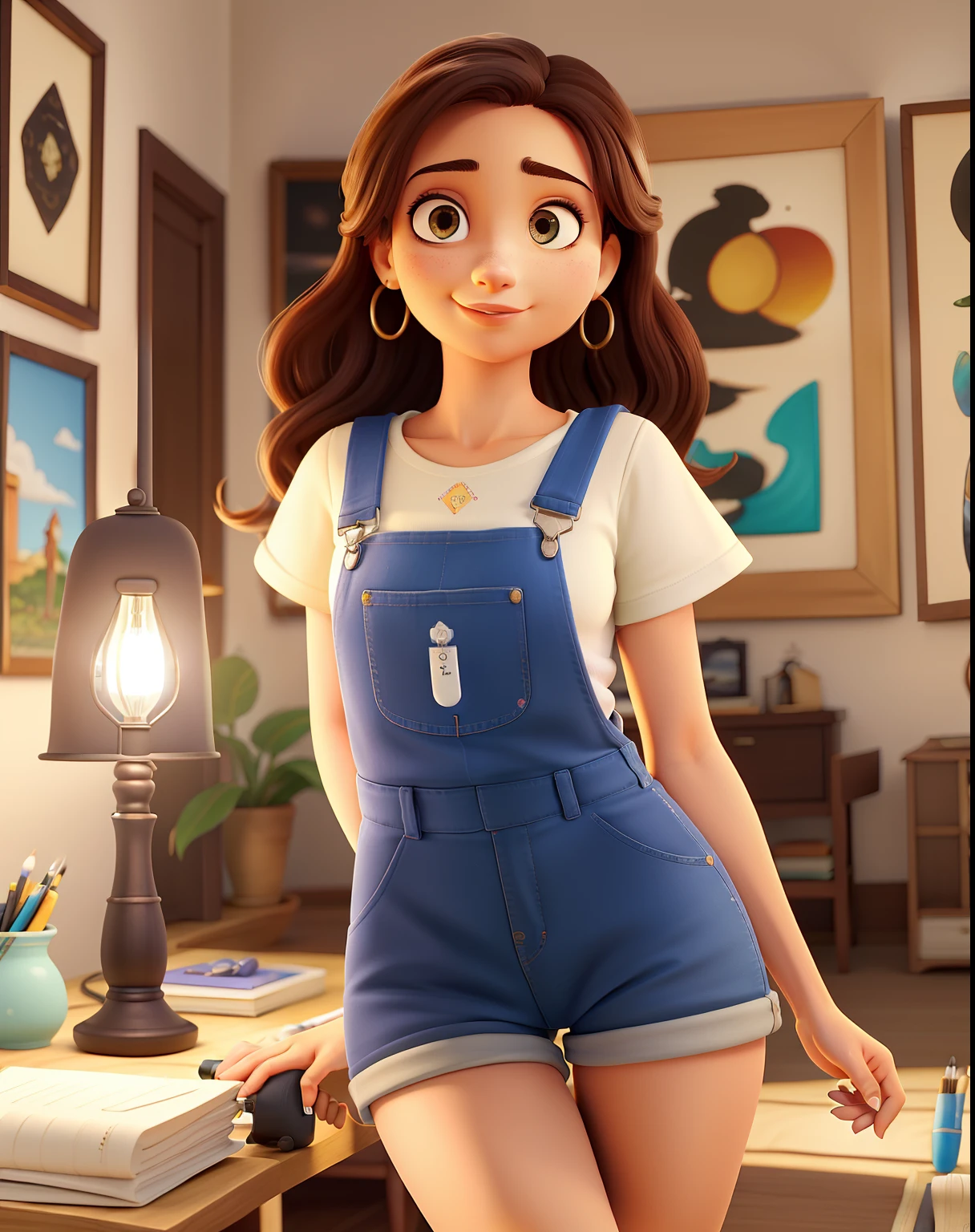 Uma mulher branca, magra, fine strokes, cabelo grande liso e loiro, olhos castanhos, parada na frente, wearing overalls, holding brushes, illuminated by the light of a lamp, contra o pano de fundo de uma galeria de artes , alta qualidade