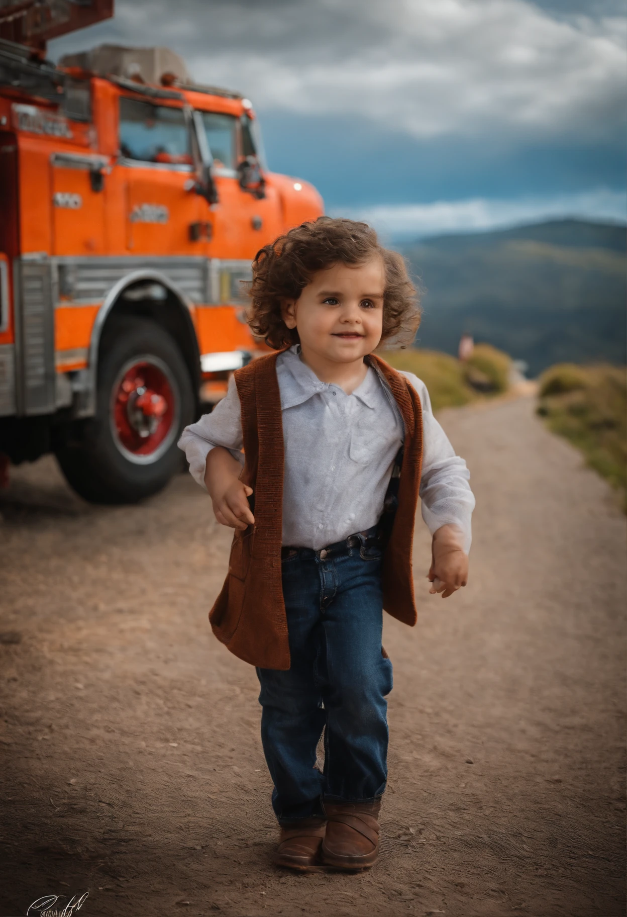 : Lorenzo, aproximadamente 7 anos de idade, cabelo curto com topete, olhos castanhos e sorrisos. garota: Isabella, 5 anos, longos cabelos loiros e olhos castanhos. scenecy: In a fire truck.