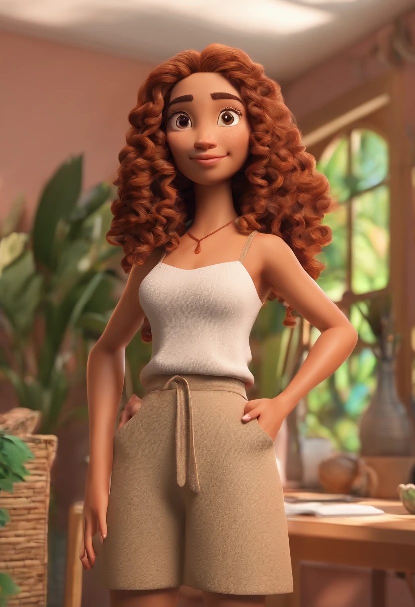 An illustration of a girl at home with fair skin with curly hair resembling moana with Disney pixel animation