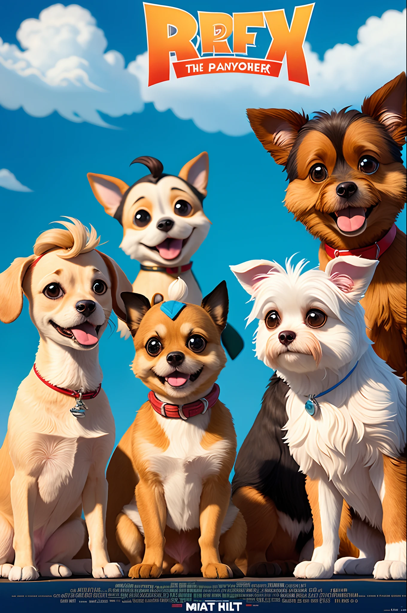 Create a Disney Pixar Animation-style movie poster of three dogs: One of the Yorkshire breed, one of the Maltese breed and one of the Chiahuahua long-haired breed