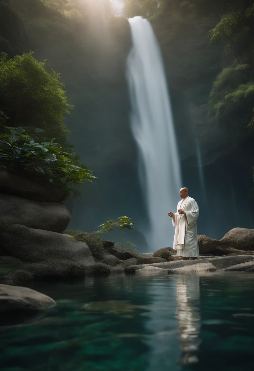 Highly detailed film water and ocean palette, a bald monk standing at the water's edge in white Hanfu, a huge green snake, a huge lotus flower in white, a very tall waterfall, exquisite facial details, spotlights, perfect composition, surreal, ultra-detailed, 8k, high quality, clear focus, intricate details, highly detailed, dynamic lighting, detailed and complex environment,