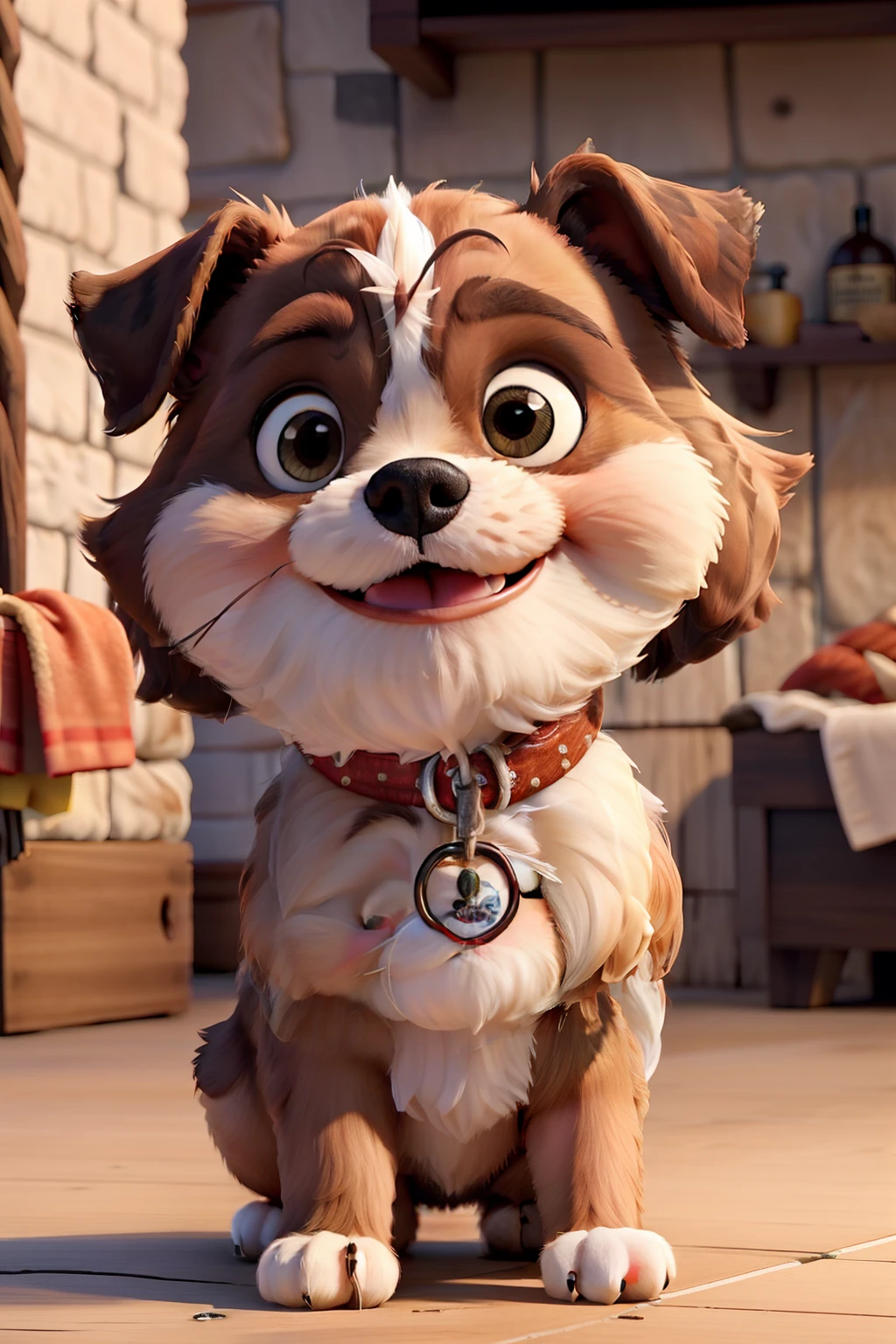 Shih-tzu puppy, com pelagem branca e marrom, com estrabismo e sorrindo