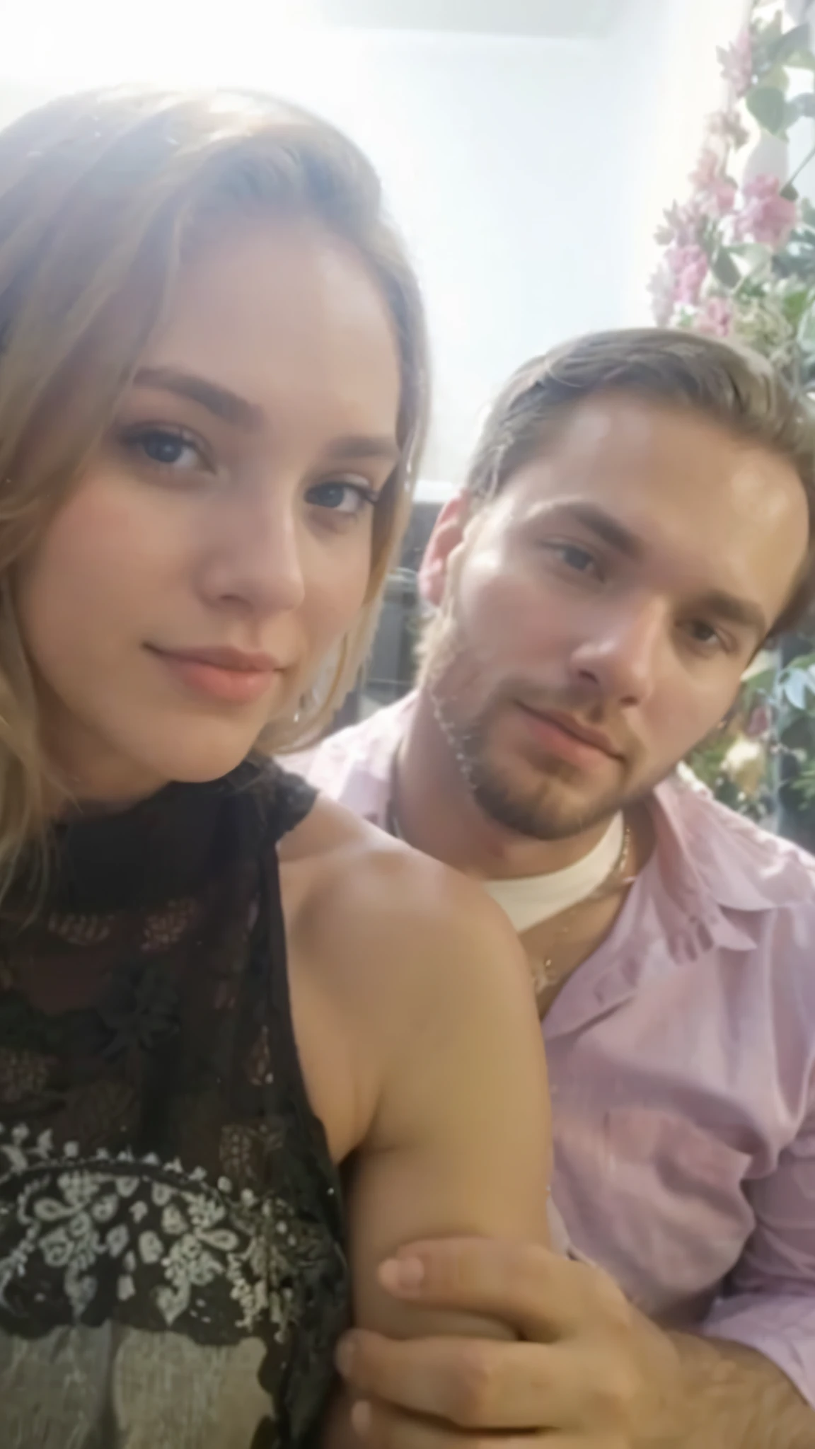 2 Person Date Club at Night. Lovely couple. slim blonde woman wearing babydoll with rhinestones and lace. The man is wearing a shirt . He has brown hair. Both look forward into camera photorealistic details. Looking at camera close-up