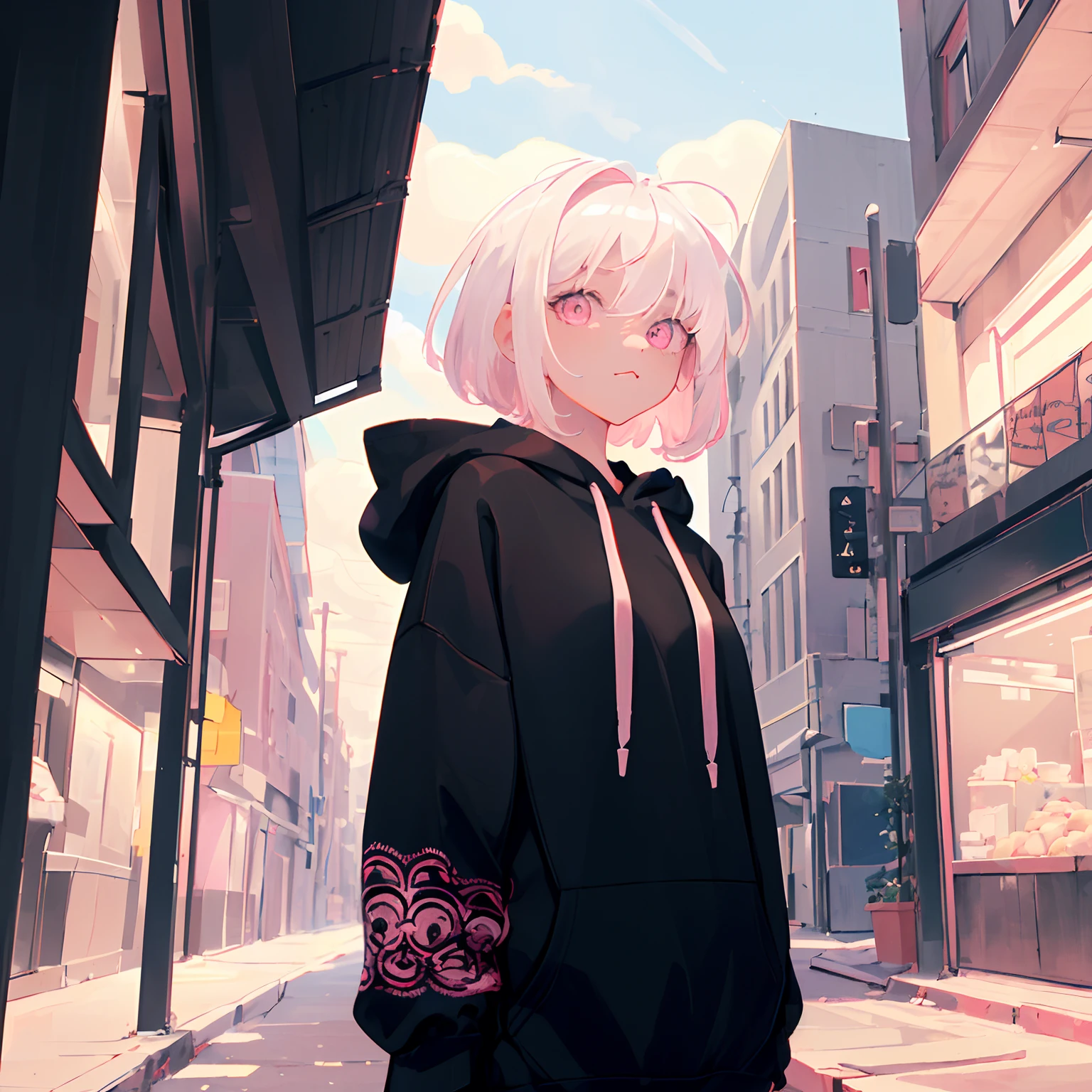 masterpiece, best quality, 1 girl, ((white hair)), medium hair, looking at viewer, :3, cute, (pink eyes), ((black hoodie)), flat, flat colors, outdoors, intricate lightinging, full body, portrait