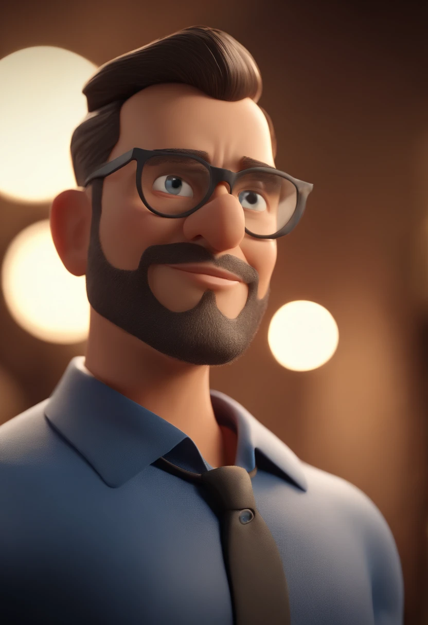 Cartoon character of a man wearing black glasses and a blue shirt, um personagem animado, Caractere estilizado, animation style rendering, 3D estilizado, Arnold Maya render, 3 d render stylized, toon render keyshot, Personagem 3D, Personagem 3D, 3d rendering stylized, 3 d character render, personagem de desenho animado, Personagem de close up, Pose de personagem, (Estilo Pixar) (master part:1.2) (Bokeh) (best quality) (pele detalhada) (textura detalhada) (8k) (argila) (Cinematic lighting) (foco nítido，Senta e vaza a parte superior do corpo