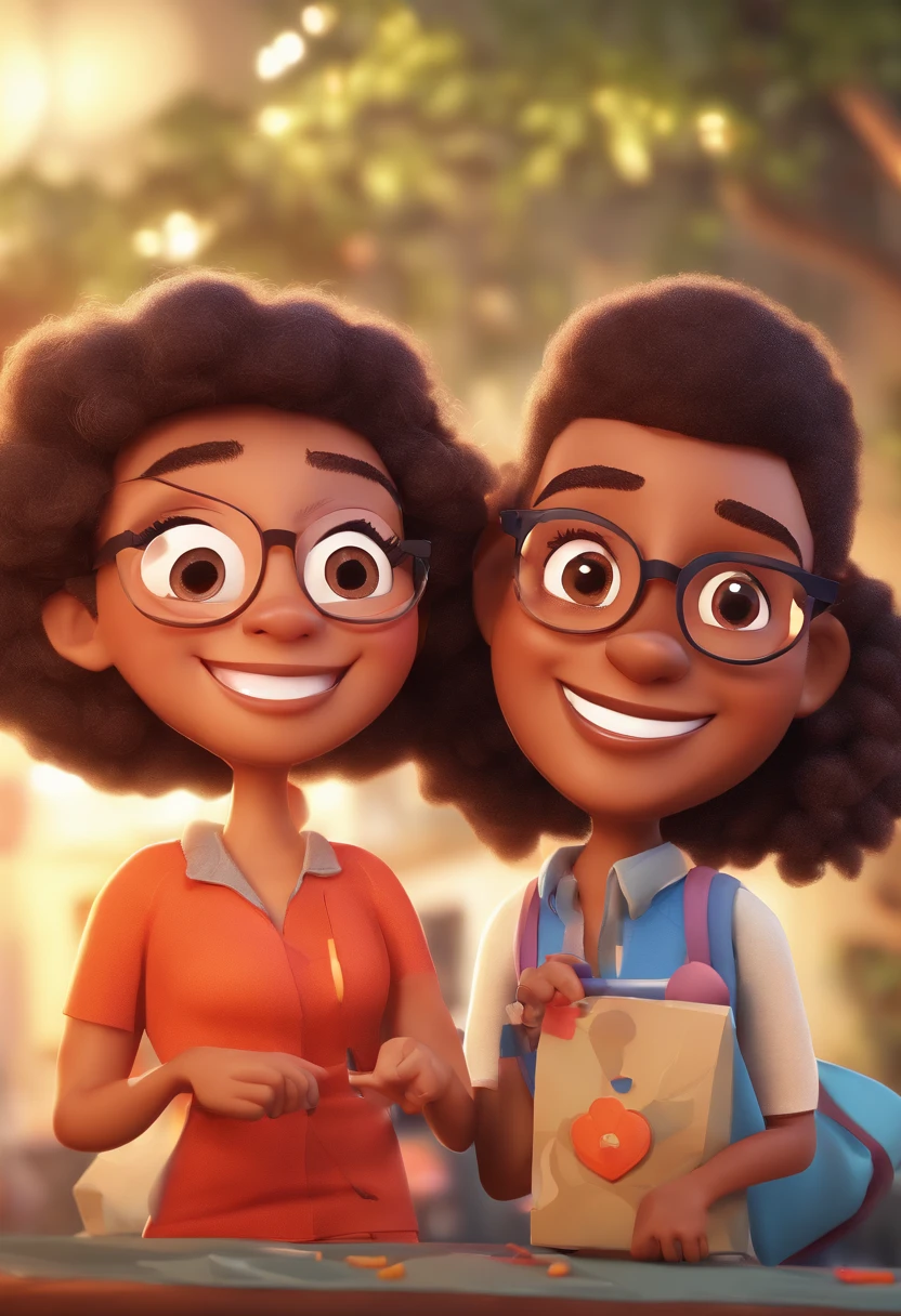 An illustration of an adorable couple, Highlight for a chubby mulatto man with glasses smiling and a brunette woman with beautiful expressive eyes - the man's skin is mulatto and the man's hair haswhile the woman's skin is black and the woman's hair is straight and brown. They are a bright room, cada um com um sorriso no rosto, e compartilhar um momento especial caracterizado pelo amor, Insights. Illustrate this scene from a perspective where they are facing the camera, Smiling and Showing Your Connection. Desenvolva esta arte em Full HD, Focus on your cinematic touch, Estilo Disney Pixar Animations