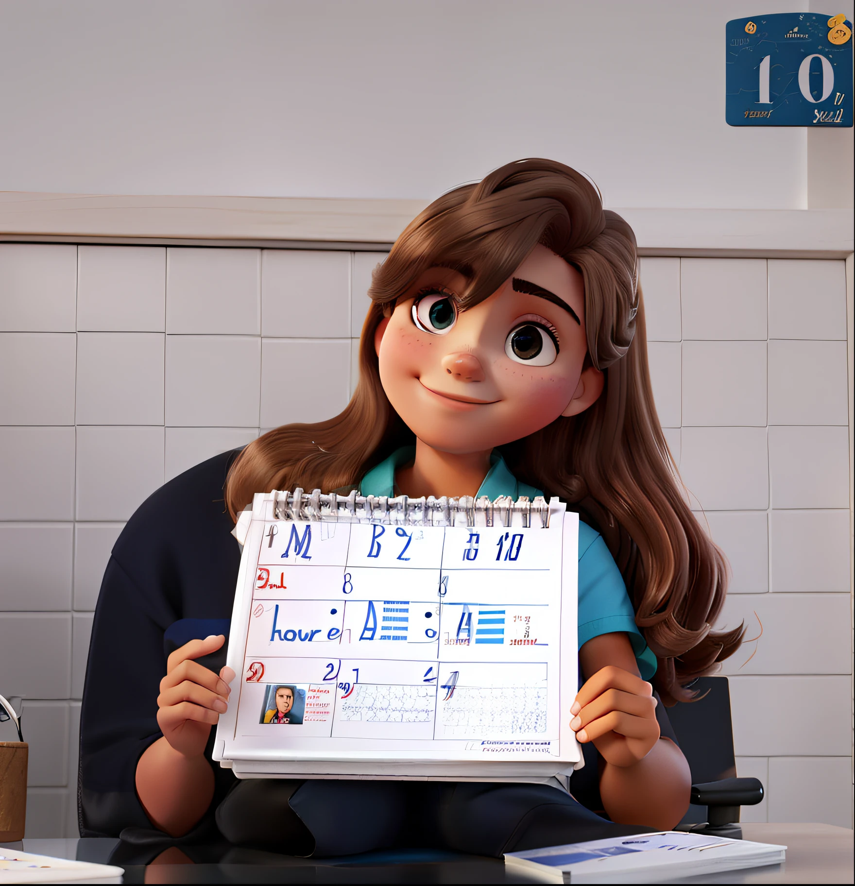 Uma bela jovem de cabelo longo loiros , Sitting holding a calendar