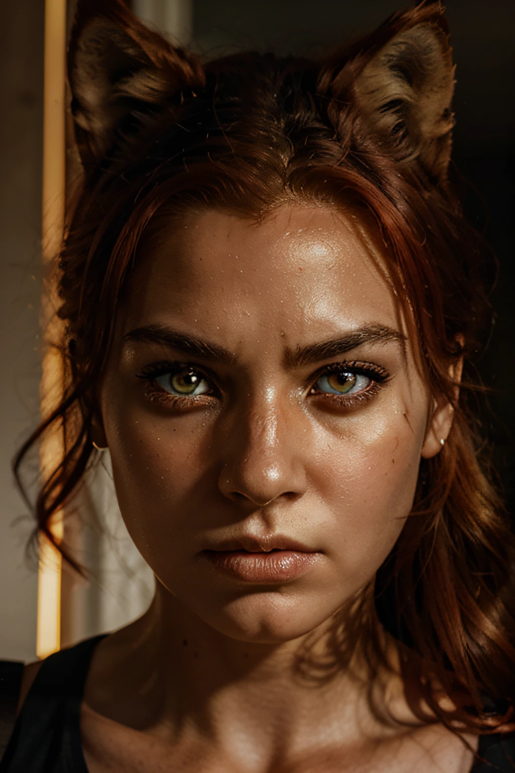 front view of half face of a woman with red hair and golden glowing eyes and half face of a wolf with golden glowing eyes, real, 
hdr , angry expressions