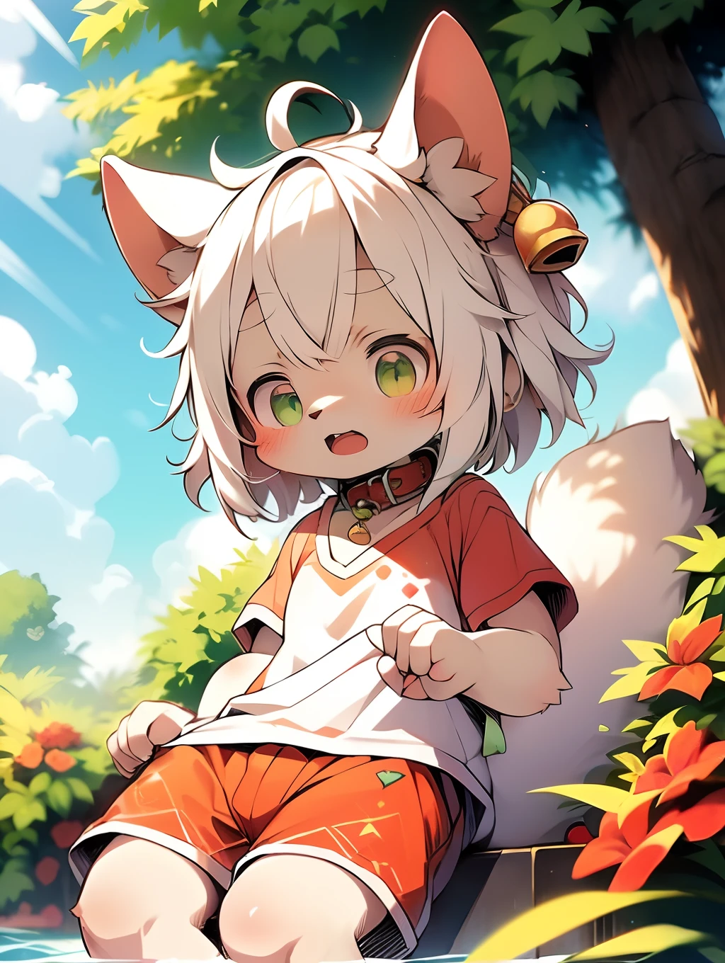 (By Dagasi: 1.1),barechested, masutepiece, High resolution, 8K, Embarrassing,Detailed background, High quality, ((White fur, White hair, Ears lowered, ear ornament,Green eye, Fluffy, detailed fur)) furr, Break HA, Man's daughter,kawaii, Humanoid, Shorts, swimming trunks,kawaii,Collar with red bell,Background with:the woods