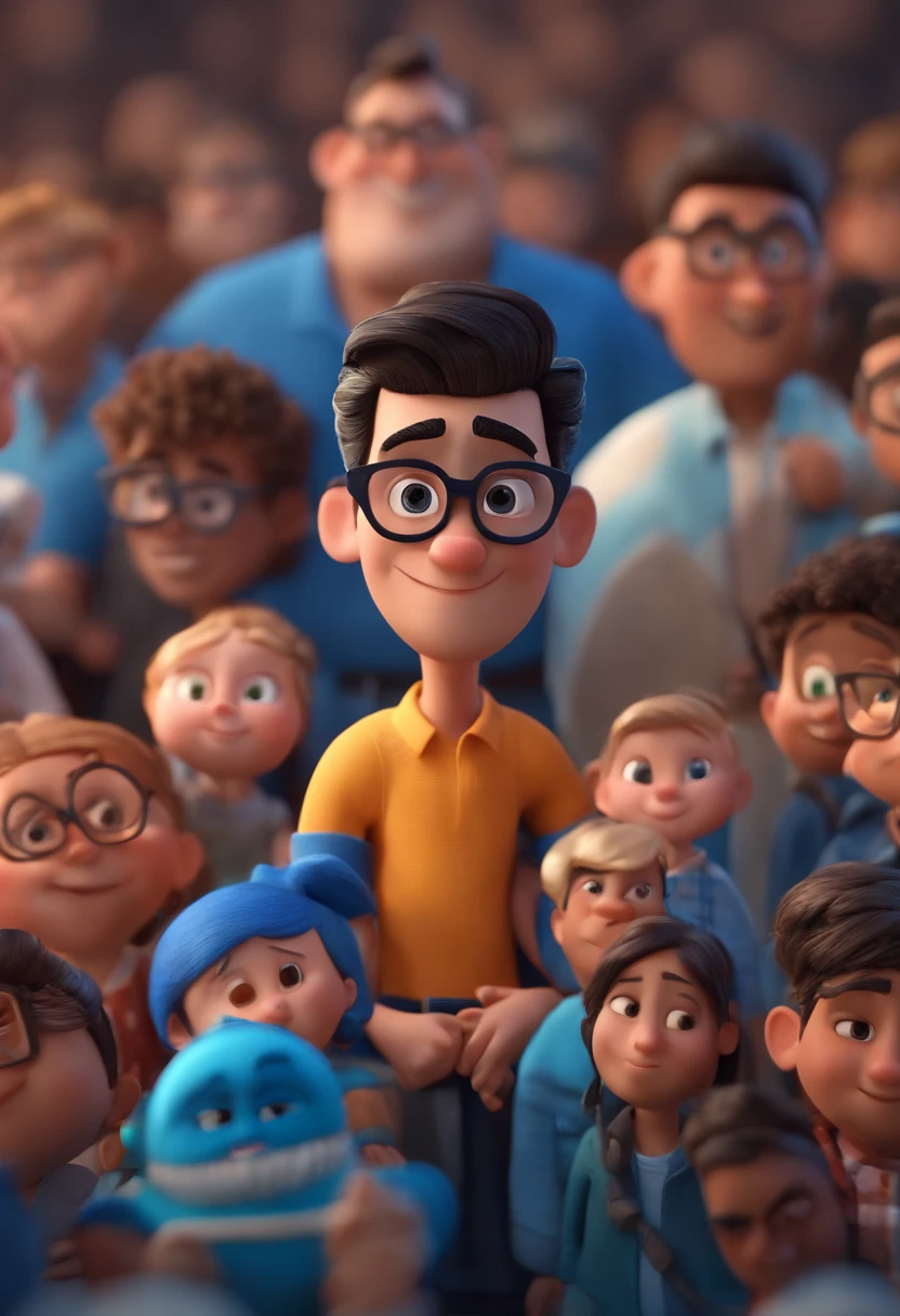 Cartoon character of a man with black glasses and a blue shirt, animation character, Caractere estilizado, animation style rendering, 3D estilizado, Arnold Maya render, 3 d render stylized, toon render keyshot, Personagem 3D, Personagem 3D, 3d rendering stylized, 3 d character render, personagem de desenho animado, Personagem de close up, Pose de personagem, (Estilo Pixar) (master part:1.2) (Bokeh) (best quality) (pele detalhada) (textura detalhada) (8k) (argila) (Cinematic lighting) (foco nítido